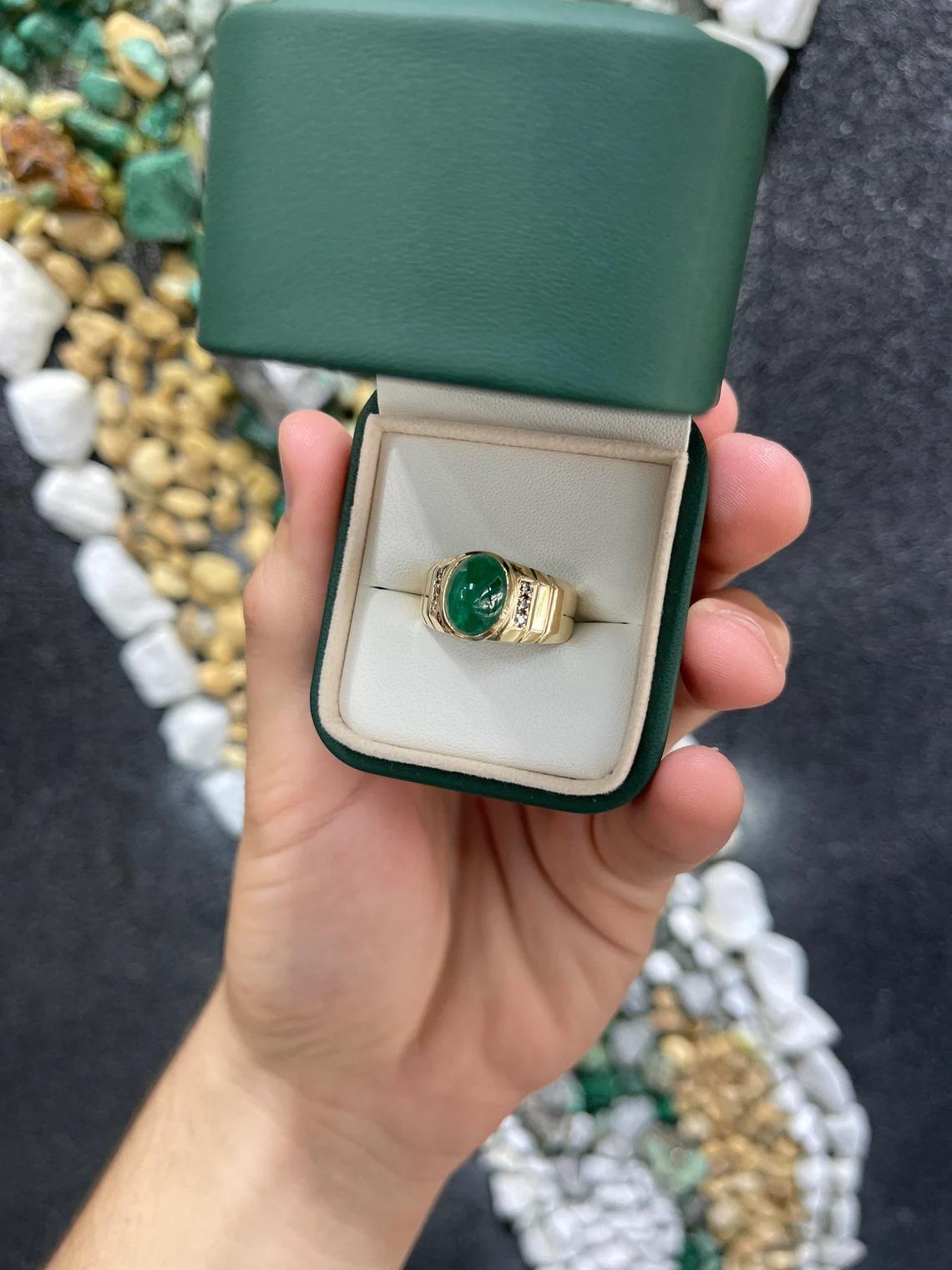 4.93tcw 14K Natural Emerald Cabochon-Oval Cut & Diamond Accent Men's Gold Ring For Sale 1