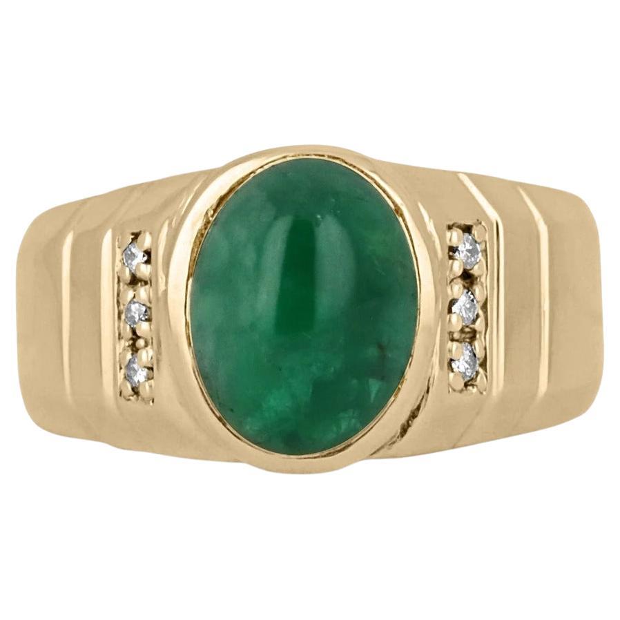 4.93tcw 14K Natural Emerald Cabochon-Oval Cut & Diamond Accent Men's Gold Ring For Sale