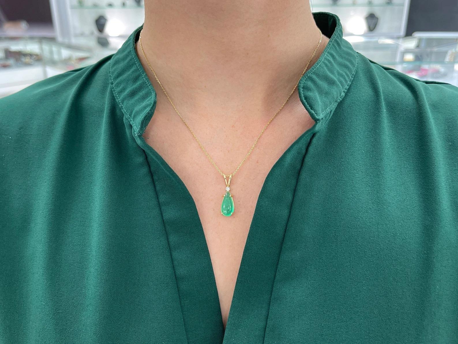Modern 4.90tcw Natural Emerald Cabochon Pear & Diamond Accent Pendant Gold 14K  For Sale