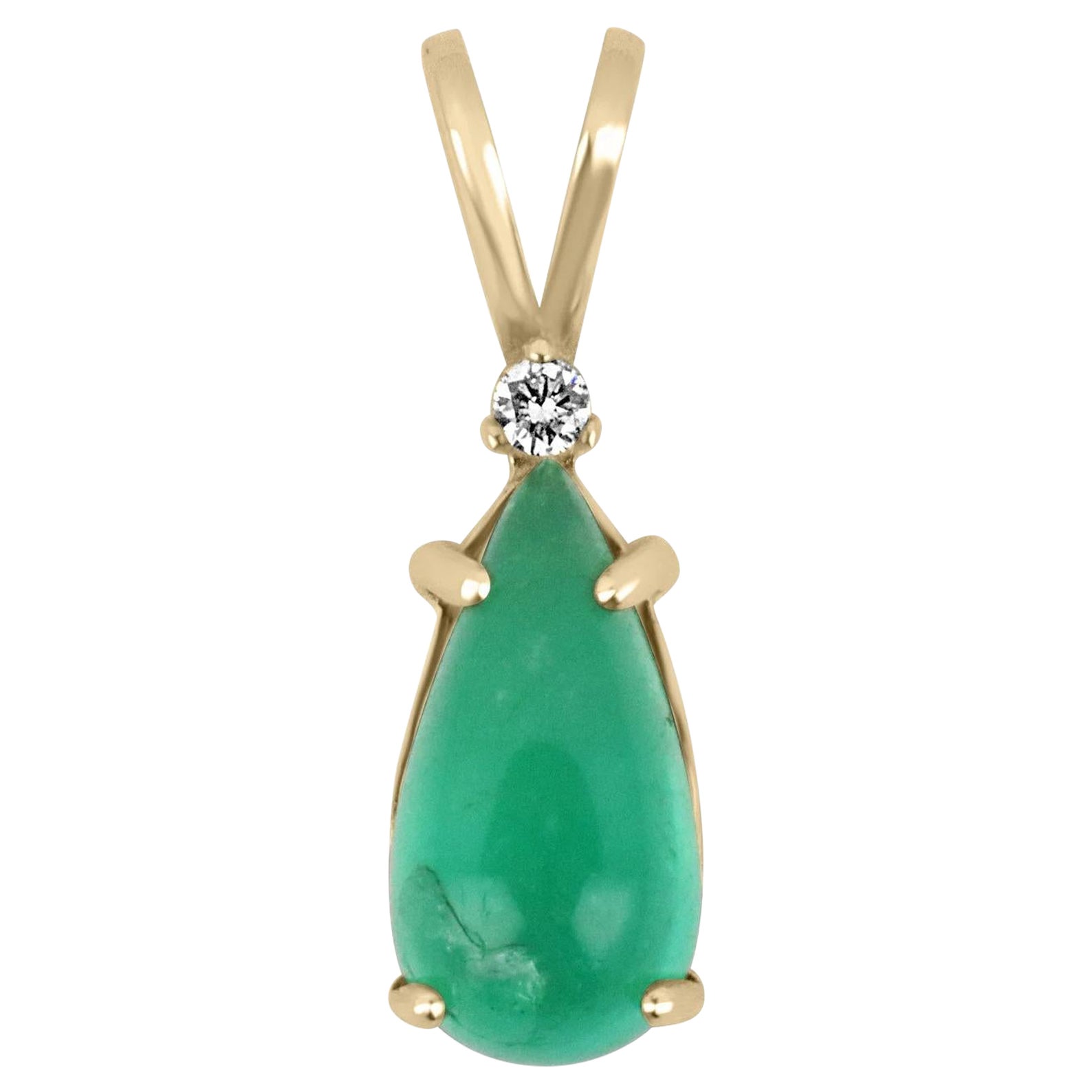 Pendentif en or 14 carats orné d'une émeraude naturelle cabochon poire et de diamants de 4,90 carats