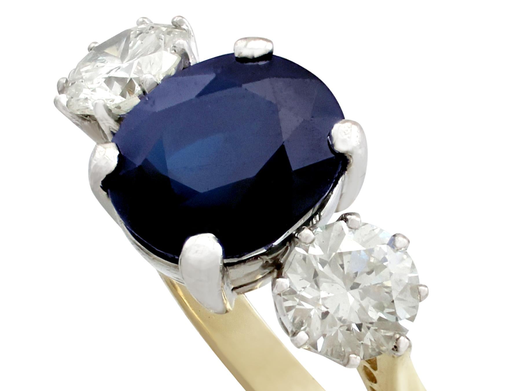 Round Cut 4.91 Carat Blue Sapphire 1.34 Carat Diamond Gold Trilogy Ring