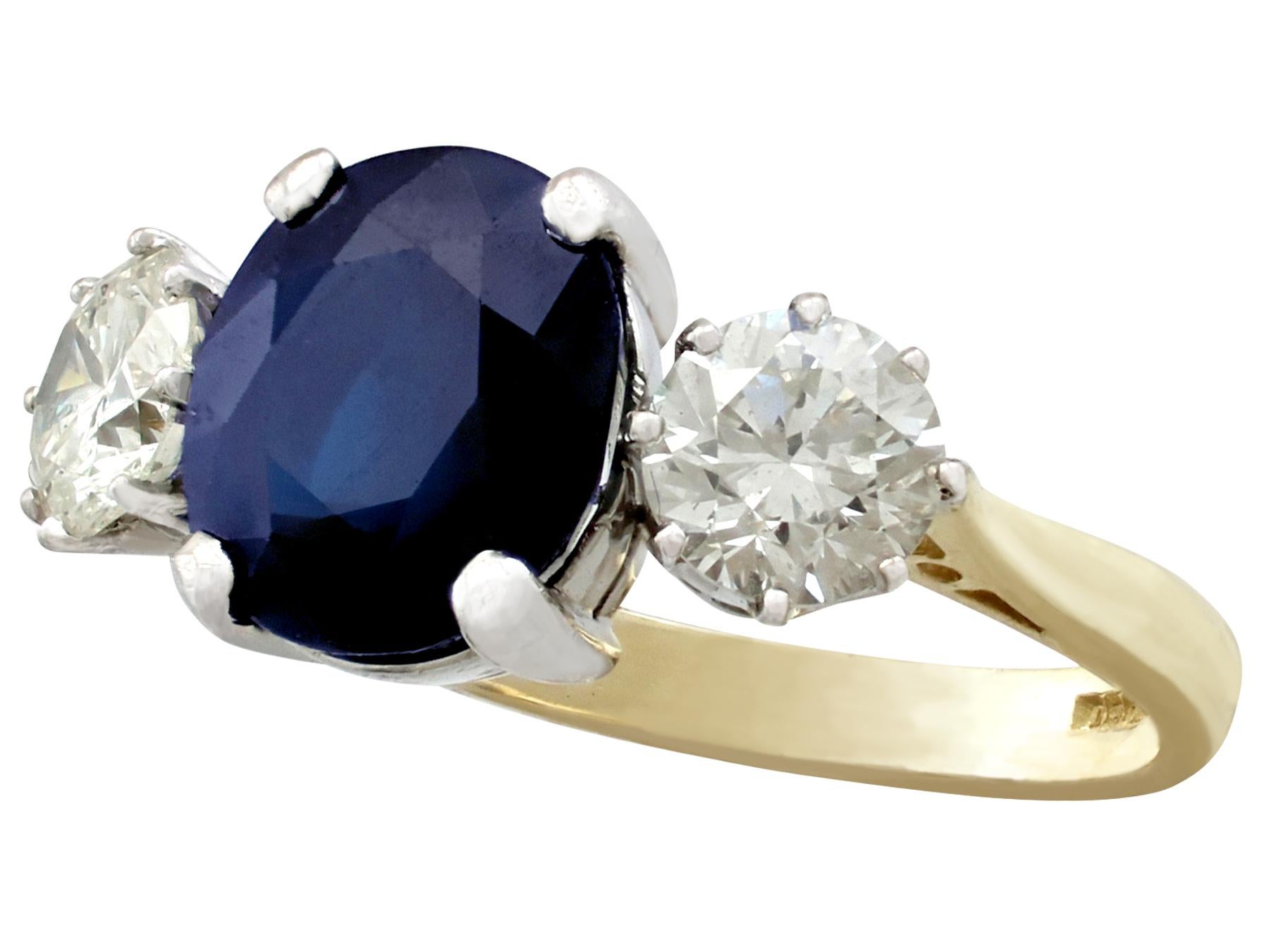 4.91 Carat Blue Sapphire 1.34 Carat Diamond Gold Trilogy Ring In Excellent Condition In Jesmond, Newcastle Upon Tyne