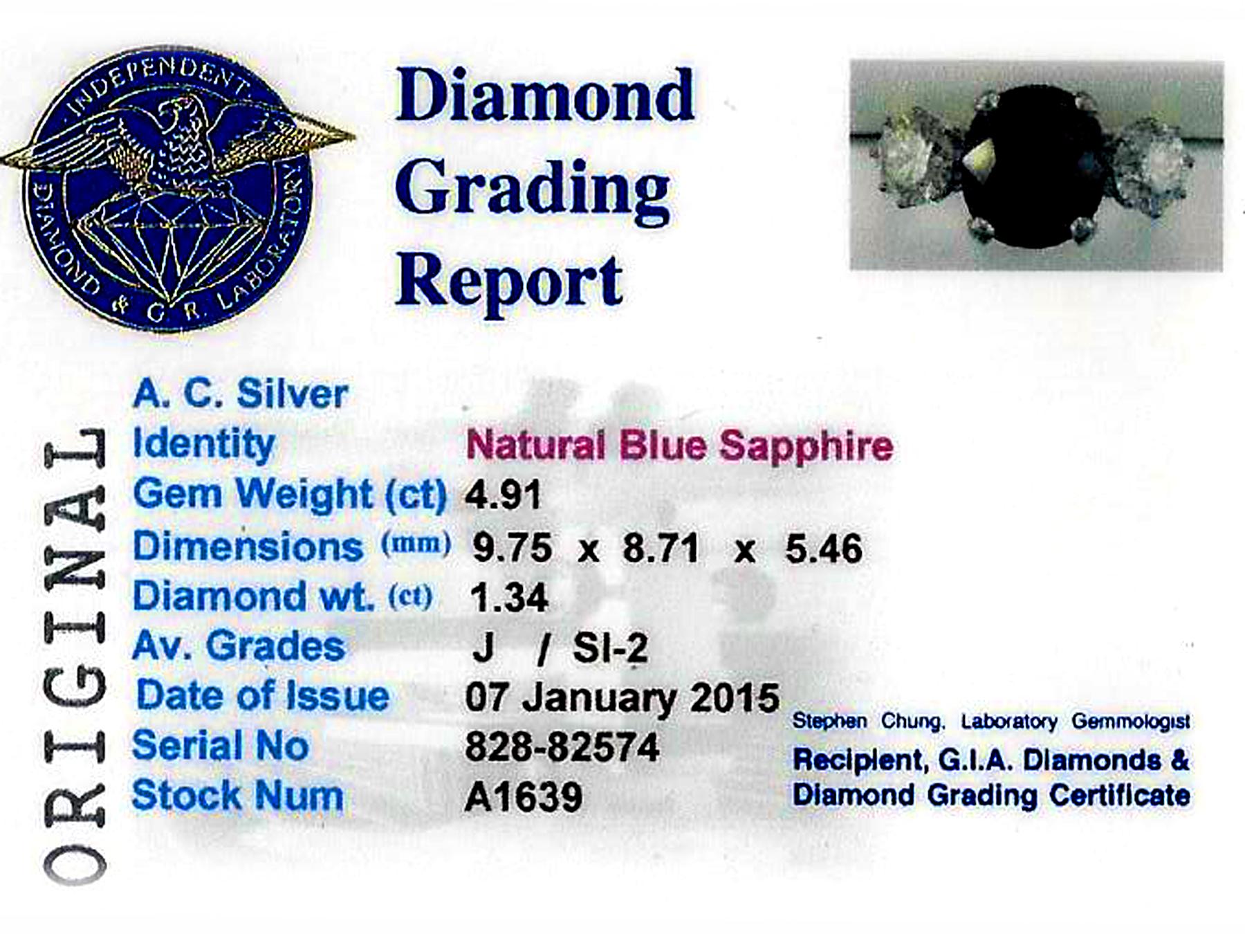 4.91 Carat Blue Sapphire 1.34 Carat Diamond Gold Trilogy Ring 1