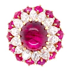 4.91 Carat Cabochon Natural Red Ruby Burma No Heat GIA and Diamond Platinum Ring
