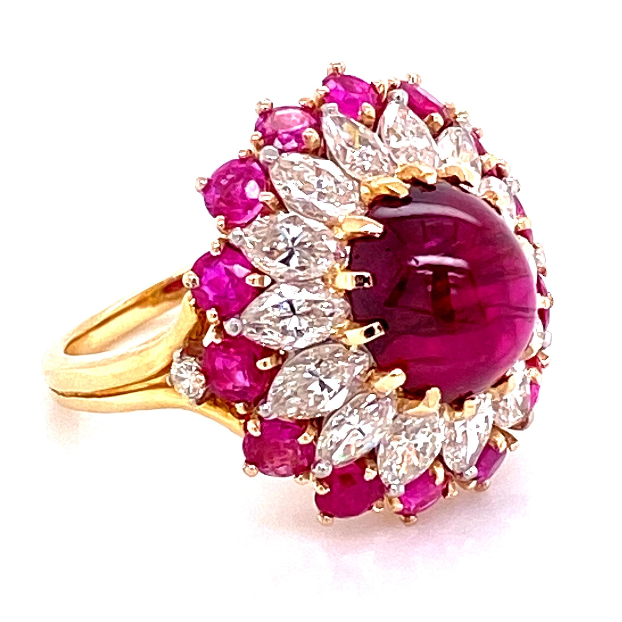 Mixed Cut 4.91 Carat Cabochon Natural Red Ruby Burma No Heat GIA and Diamond Platinum Ring For Sale