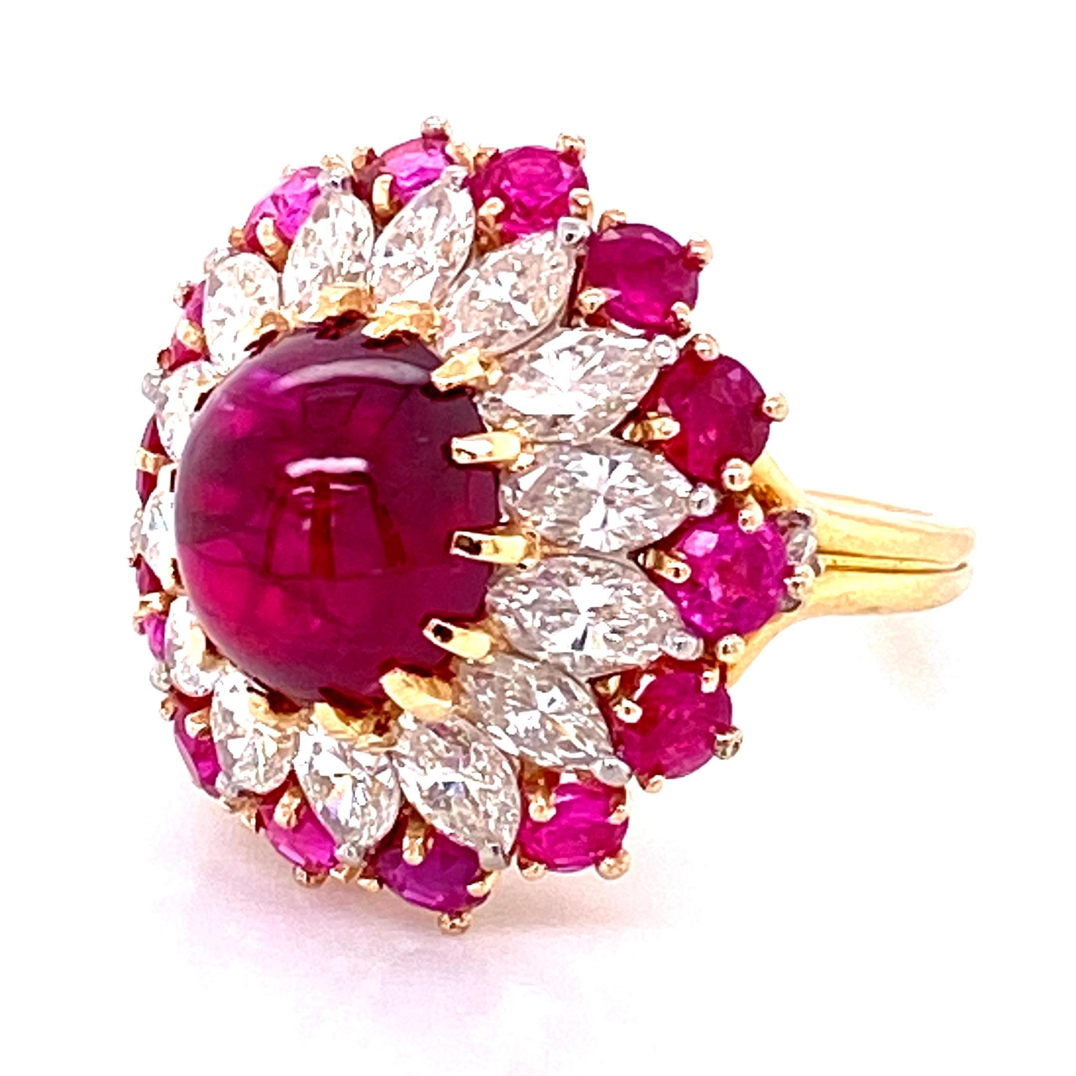 Women's 4.91 Carat Cabochon Natural Red Ruby Burma No Heat GIA and Diamond Platinum Ring For Sale