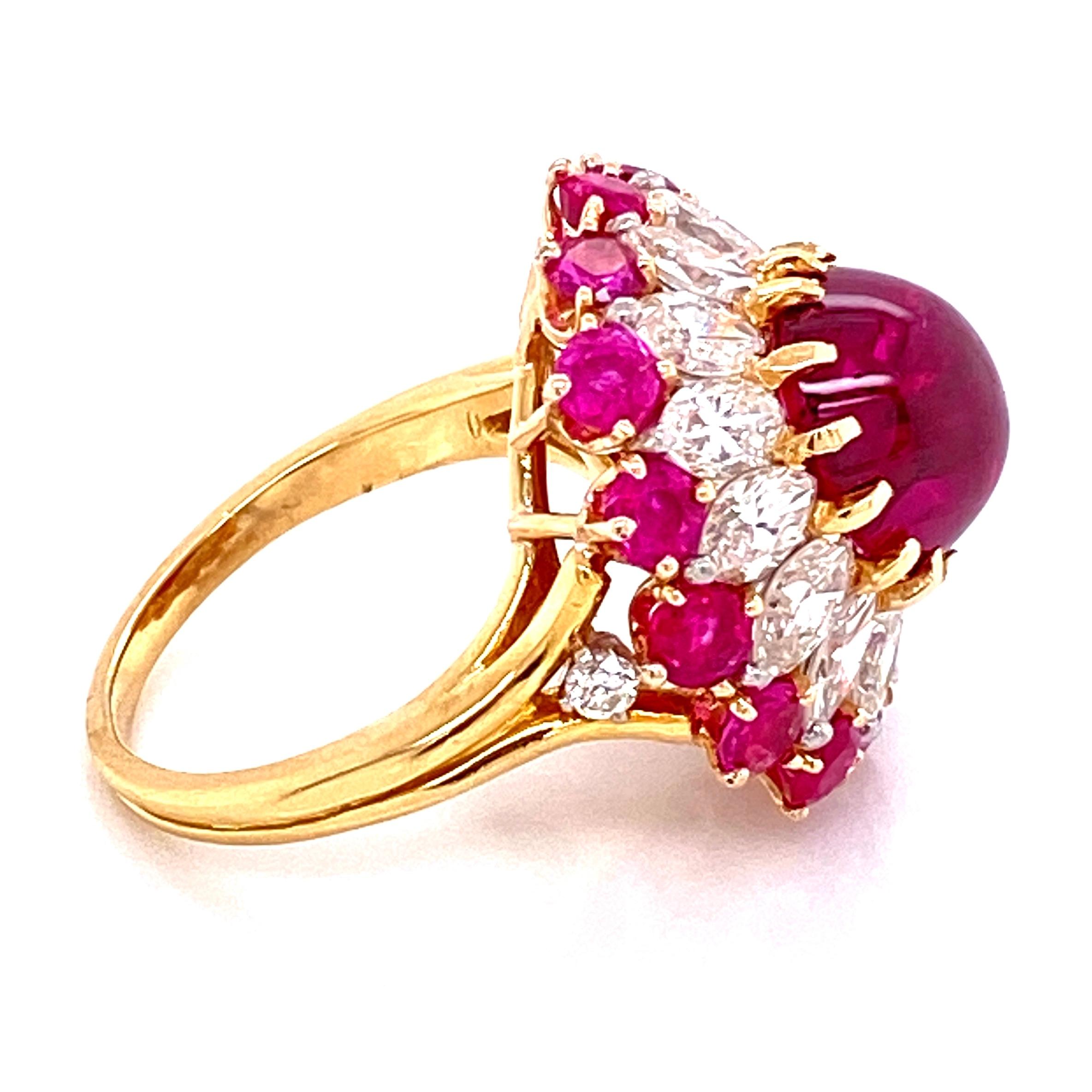 4.91 Carat Cabochon Natural Red Ruby Burma No Heat GIA and Diamond Platinum Ring For Sale 2