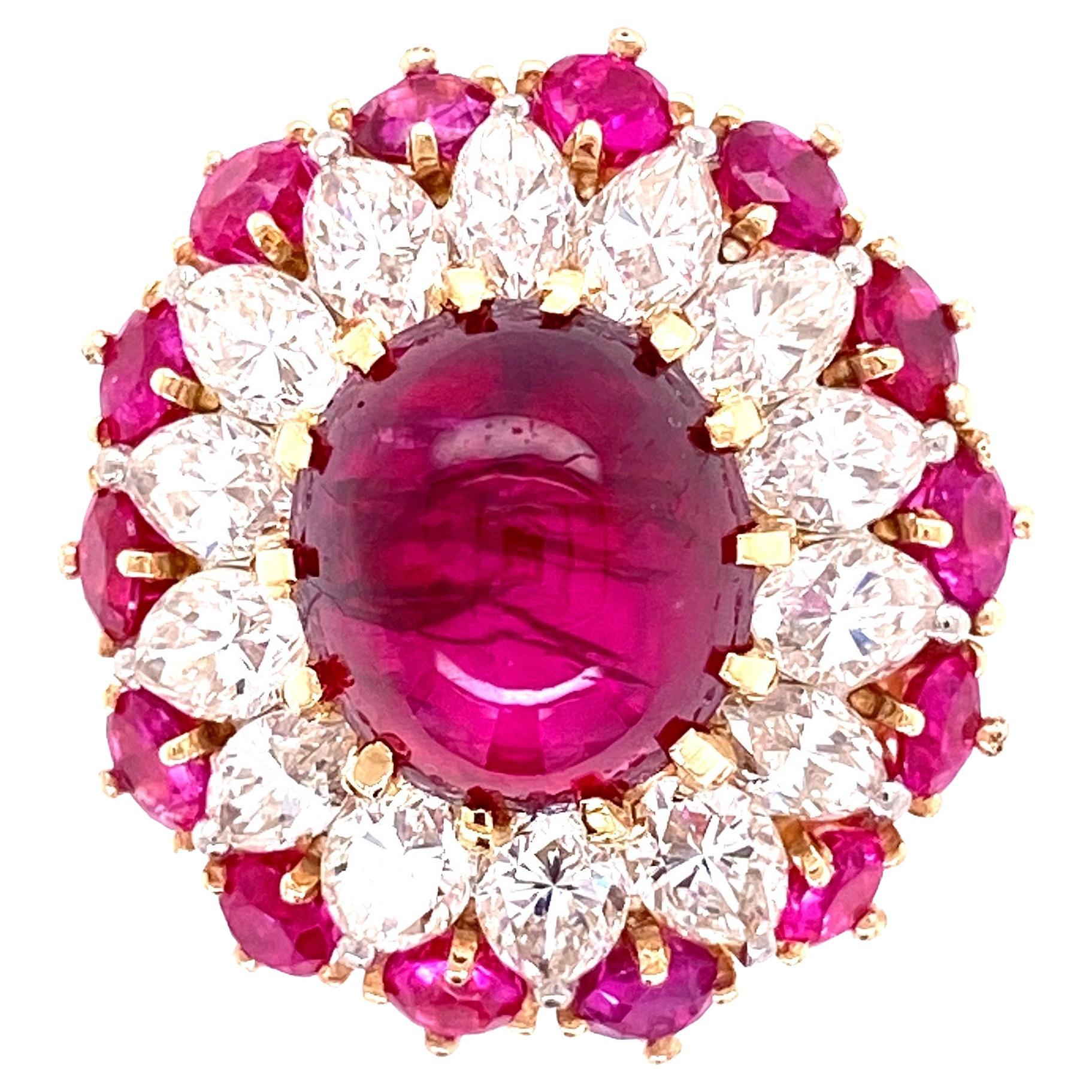 4.91 Carat Cabochon Natural Red Ruby Burma No Heat GIA and Diamond Platinum Ring