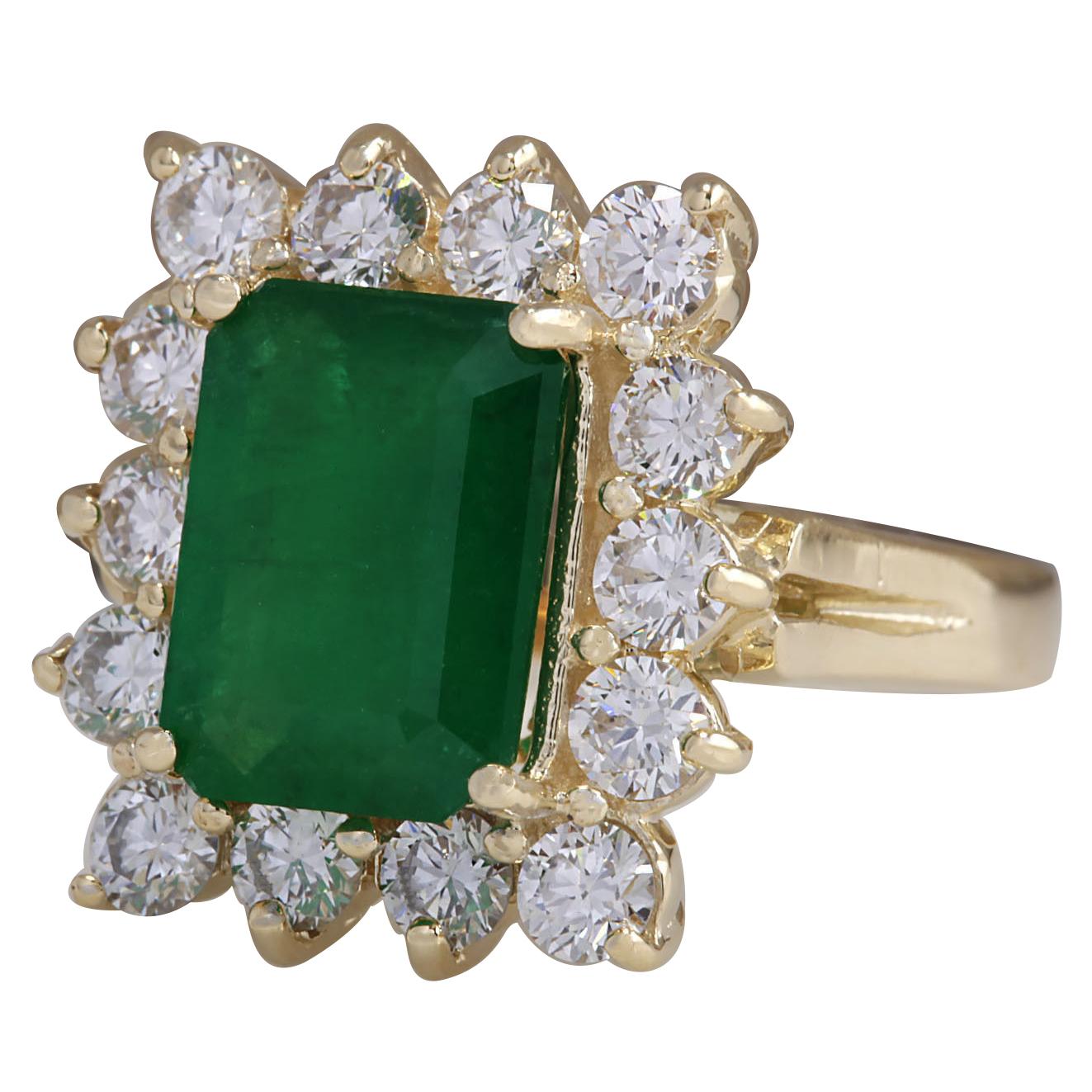 4.91 Carat Emerald 14 Karat Yellow Gold Diamond Ring
Stamped: 14K Yellow Gold
Total Ring Weight: 6.7 Grams
Total  Emerald Weight is 3.39 Carat (Measures: 11.00x9.00 mm)
Color: Green
Total  Diamond Weight is 1.52 Carat
Color: F-G, Clarity: