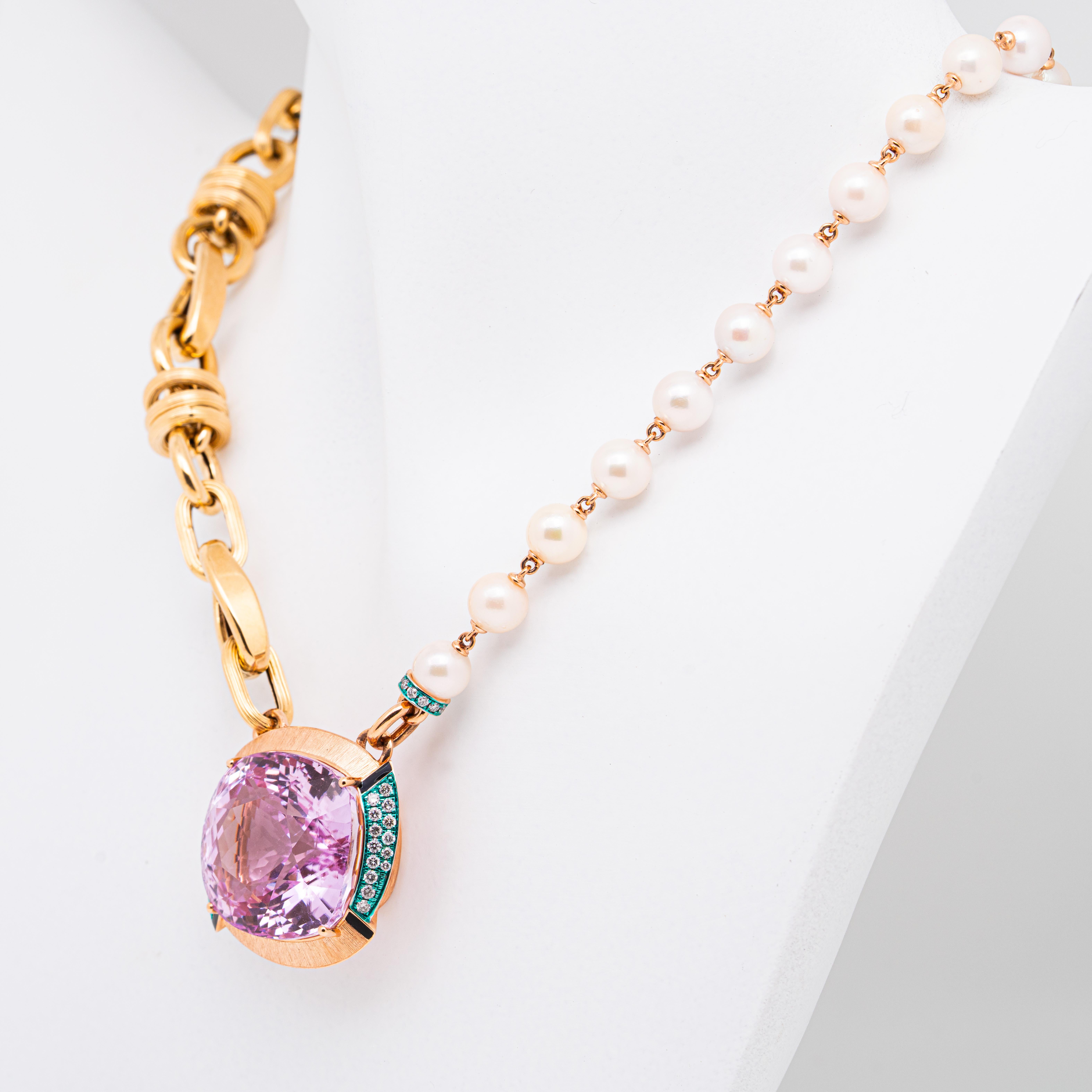Moderno Collana in oro e perle con Kunzite e diamanti da 49,1 carati, oro 18 carati, Austy Lee in vendita