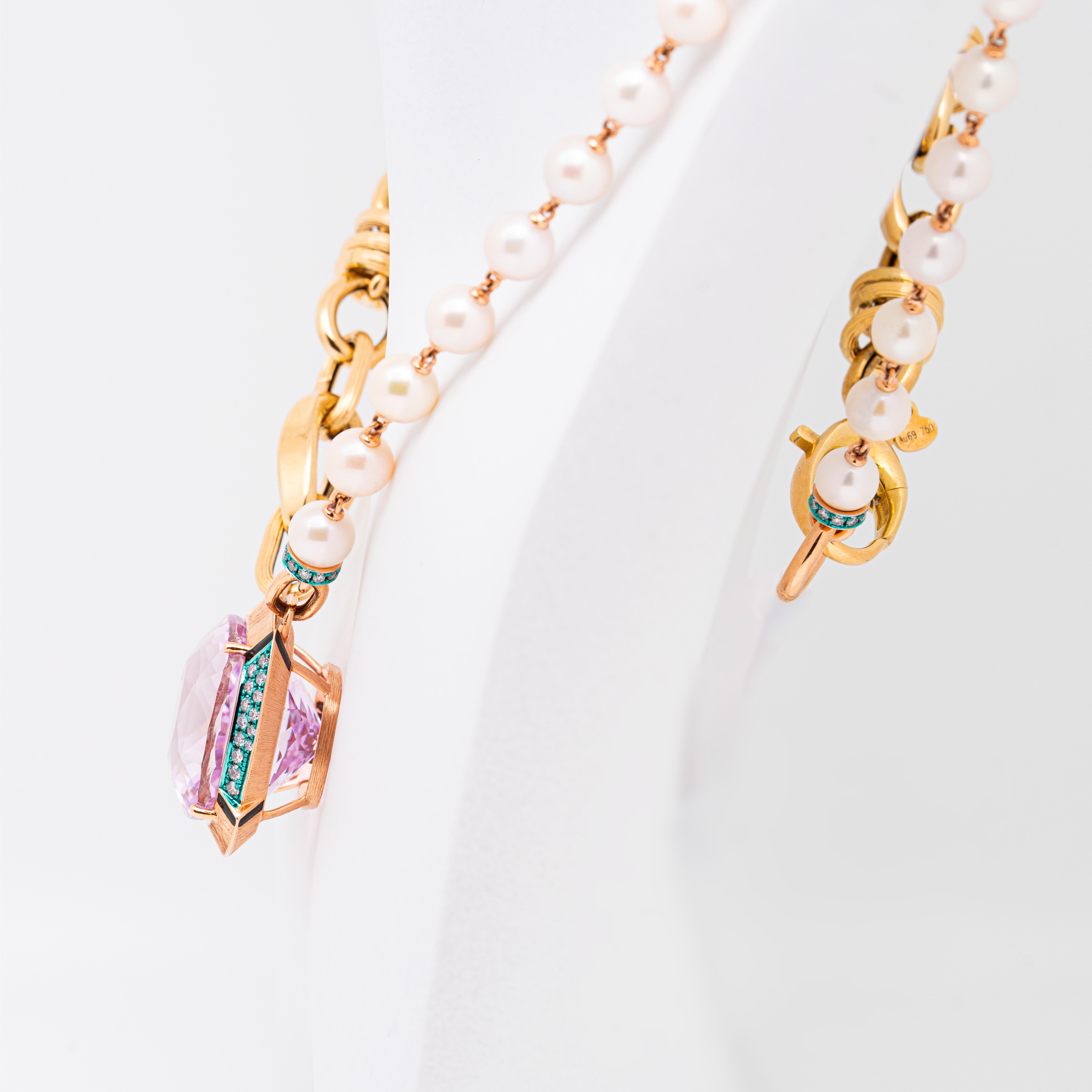 Taglio cuscino Collana in oro e perle con Kunzite e diamanti da 49,1 carati, oro 18 carati, Austy Lee in vendita