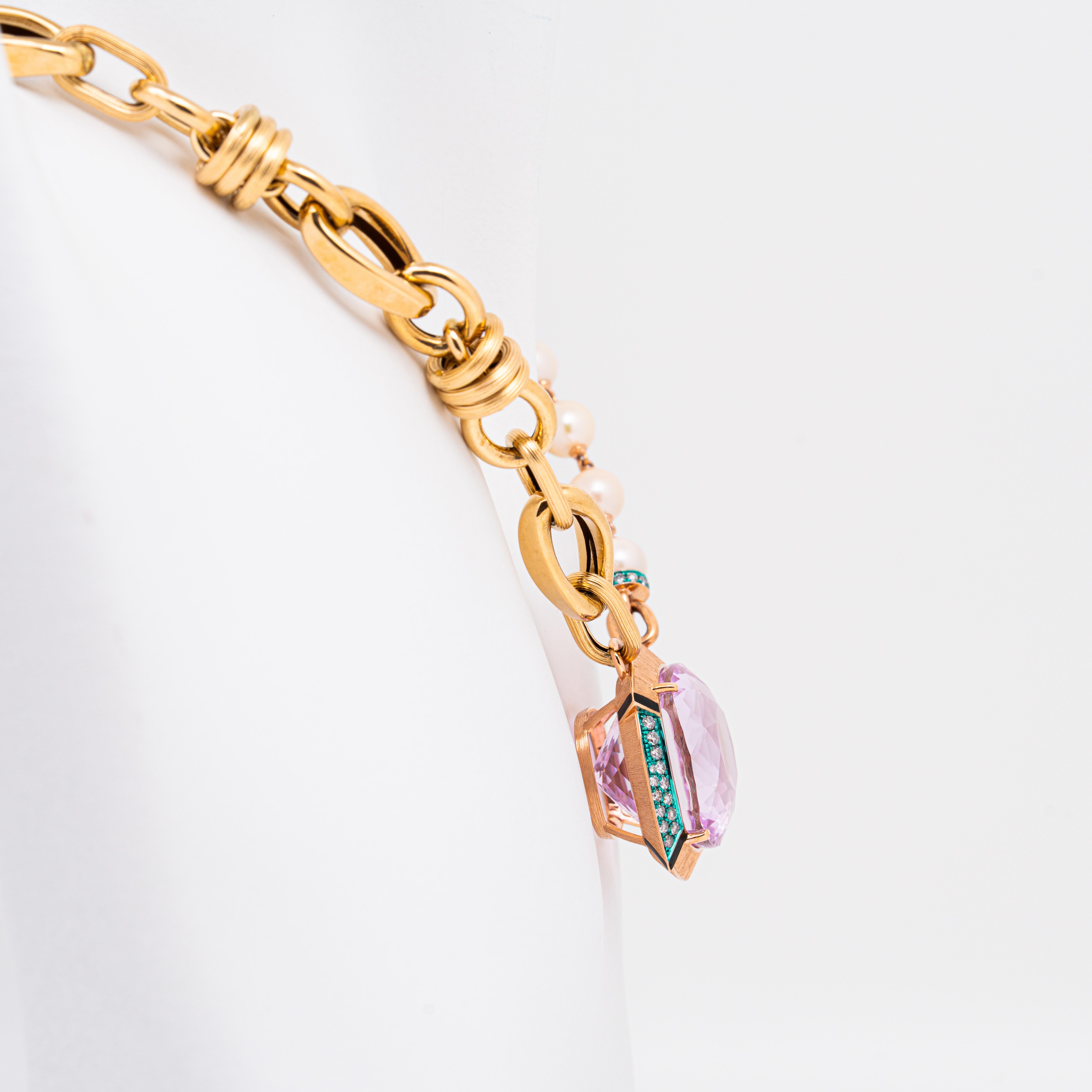 Collana in oro e perle con Kunzite e diamanti da 49,1 carati, oro 18 carati, Austy Lee In condizioni Nuovo in vendita a Hong Kong, HK