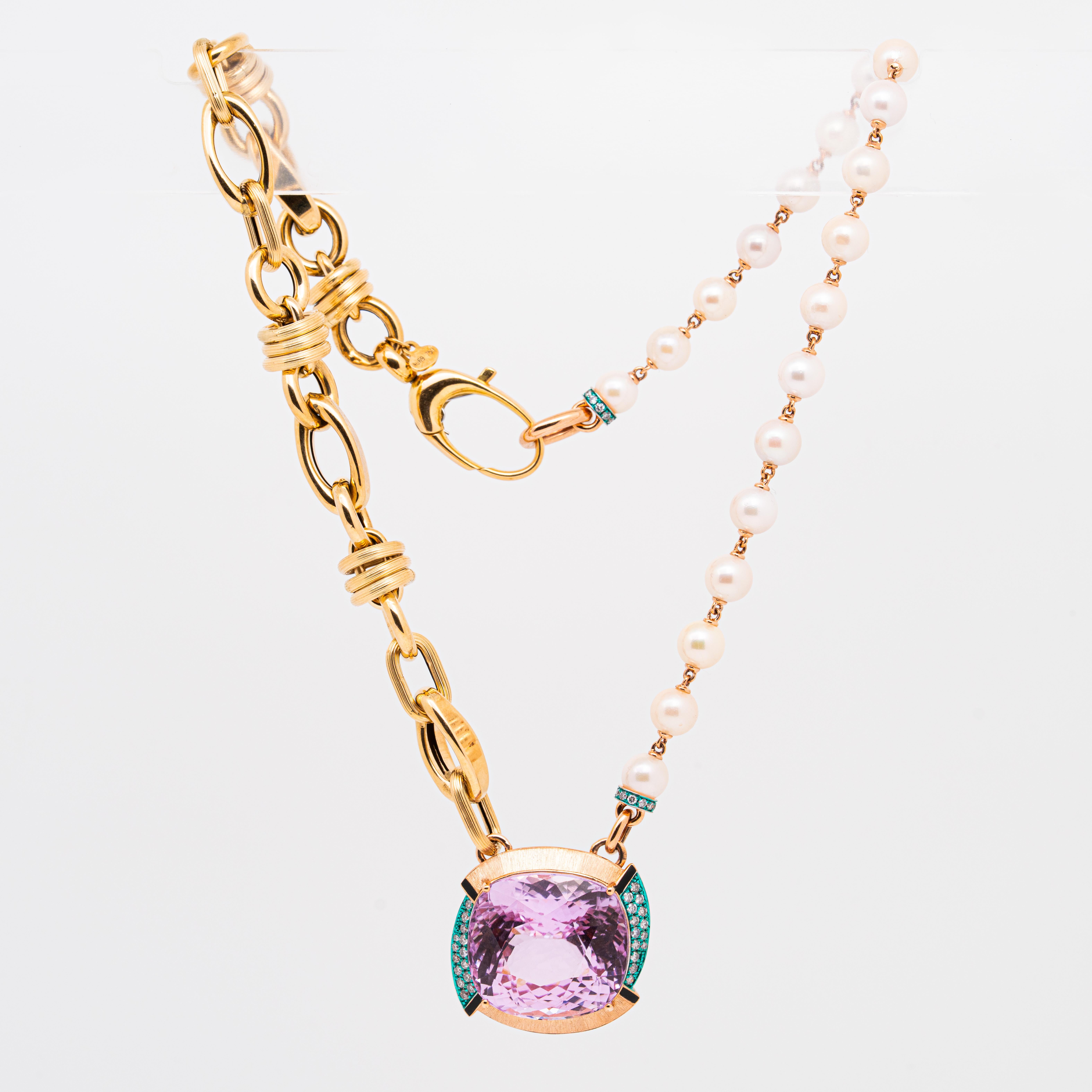 da uomo o donna Collana in oro e perle con Kunzite e diamanti da 49,1 carati, oro 18 carati, Austy Lee in vendita