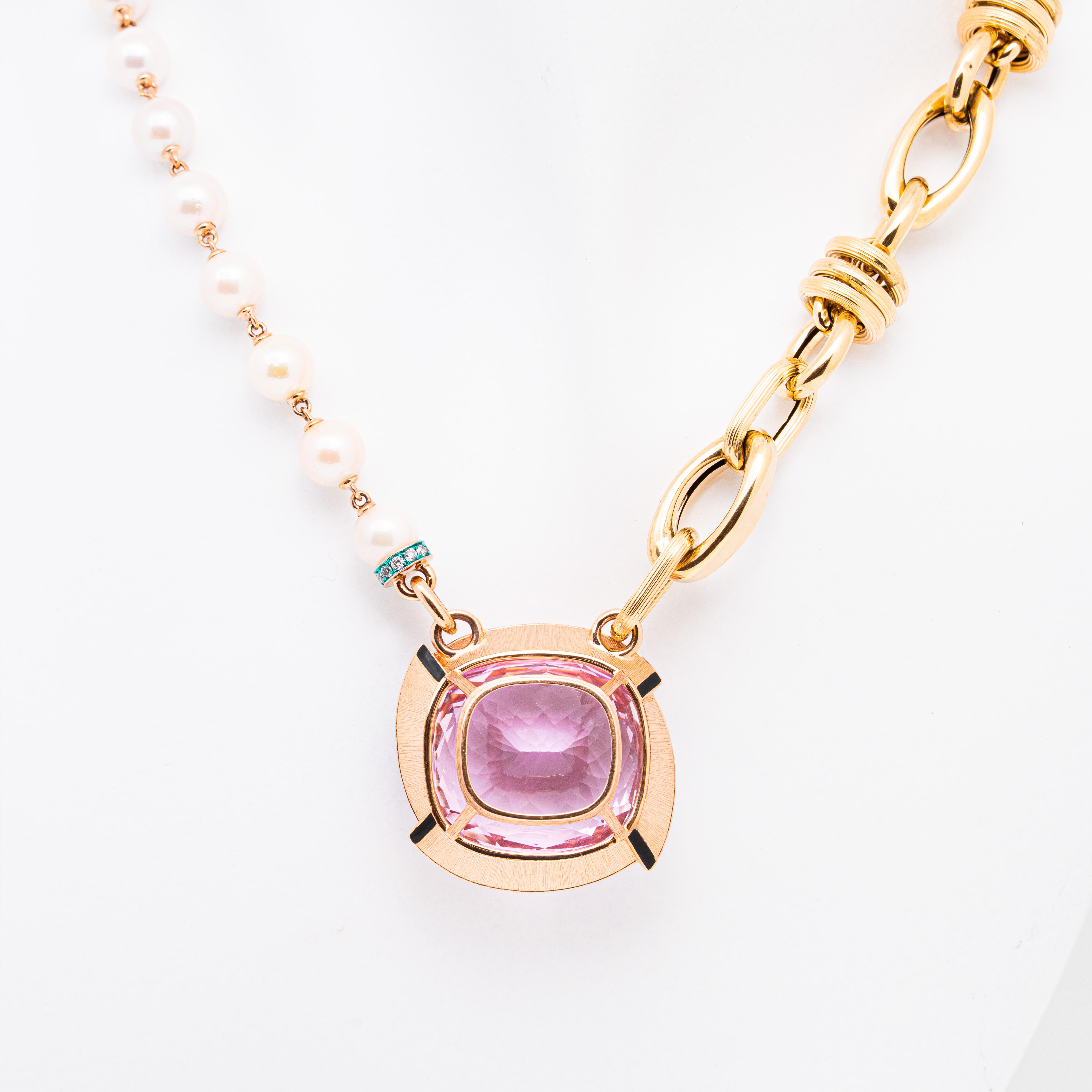 Collana in oro e perle con Kunzite e diamanti da 49,1 carati, oro 18 carati, Austy Lee in vendita 1