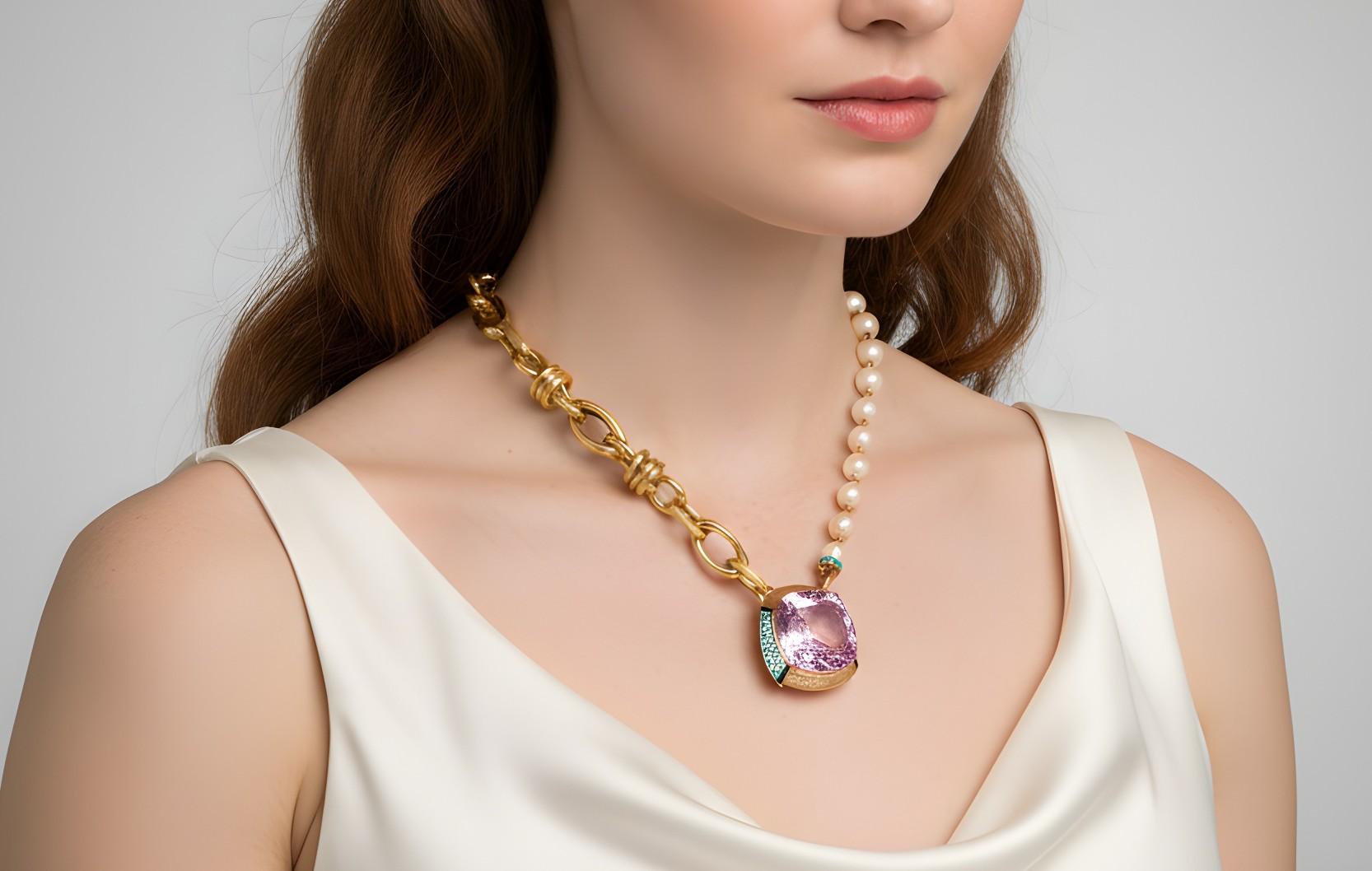 Collana in oro e perle con Kunzite e diamanti da 49,1 carati, oro 18 carati, Austy Lee in vendita 2