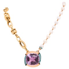 49.1 Carat Kunzite & Diamond with Pearl & Gold Necklace, 18K Gold, Austy Lee