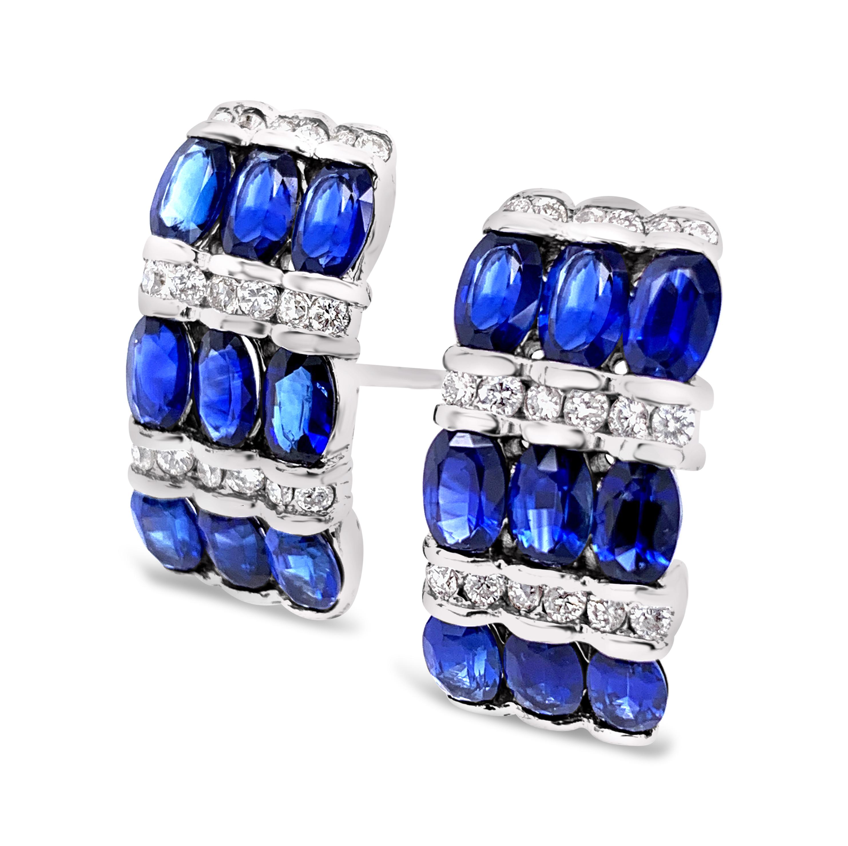 Oval Cut 4.91 Carat 'Total Weight' Oval Sapphire and Diamond Earrings in 18K White Gold For Sale