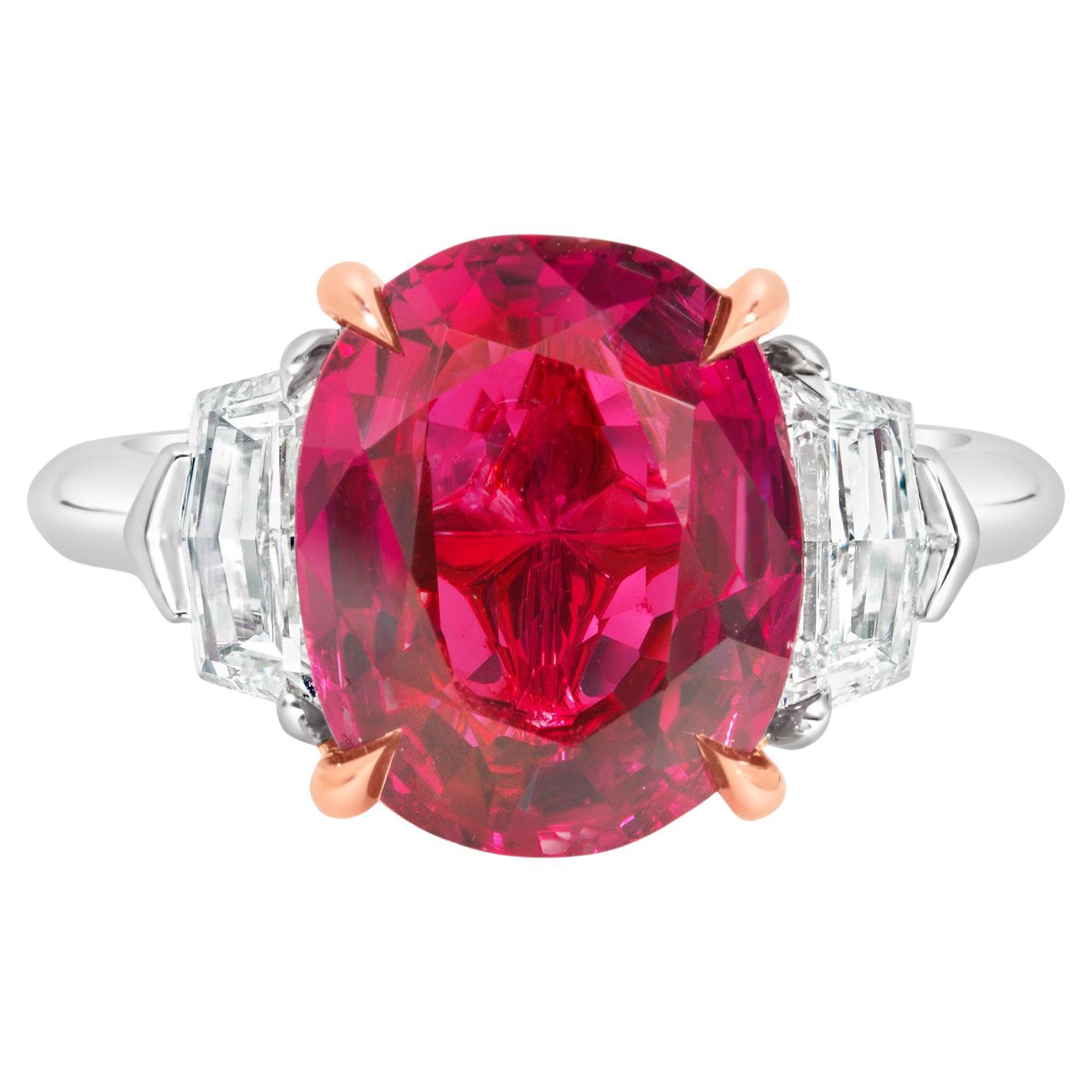 No-Heat 4.91 Carats Oval Cut Ruby & Diamond Three-Stone Ring For Sale