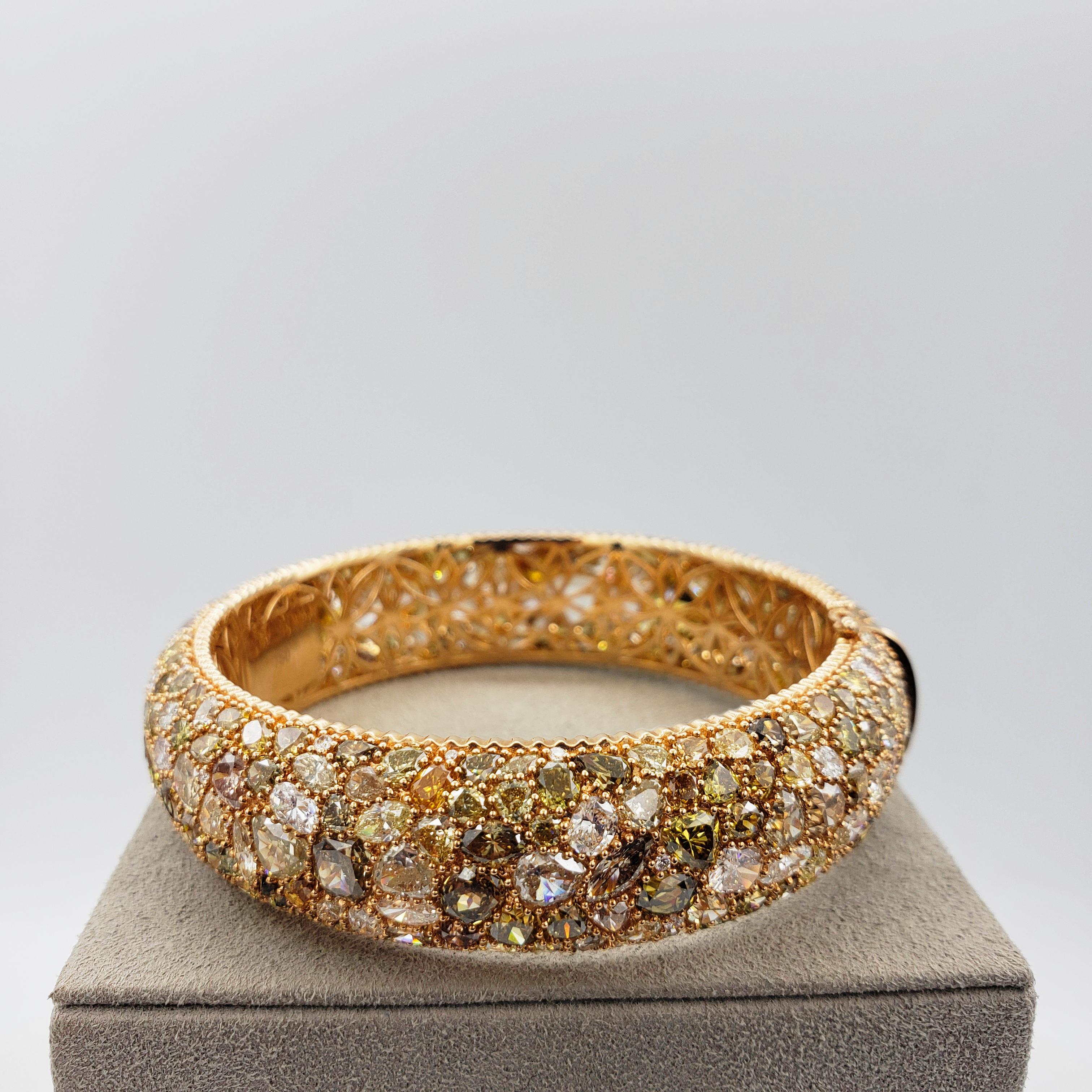 Mixed Cut 49.12 Carat Total Natural Fancy Color Diamond Micro Pave Domed Bangle Bracelet For Sale