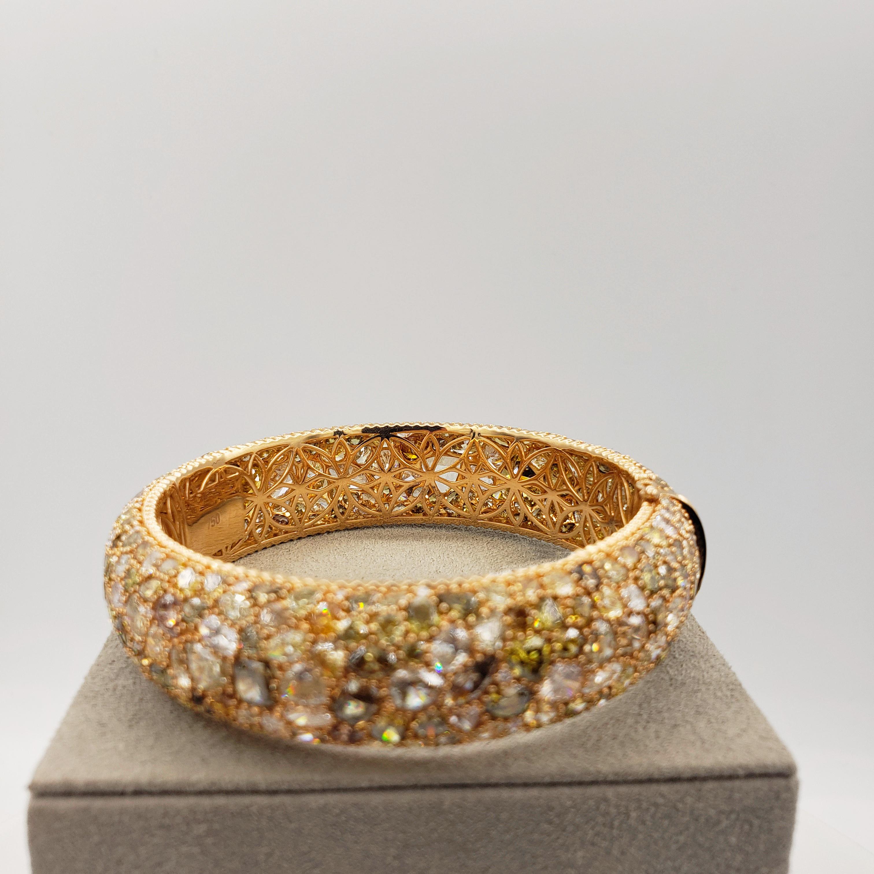 49.12 Carat Total Natural Fancy Color Diamond Micro Pave Domed Bangle Bracelet In New Condition For Sale In New York, NY