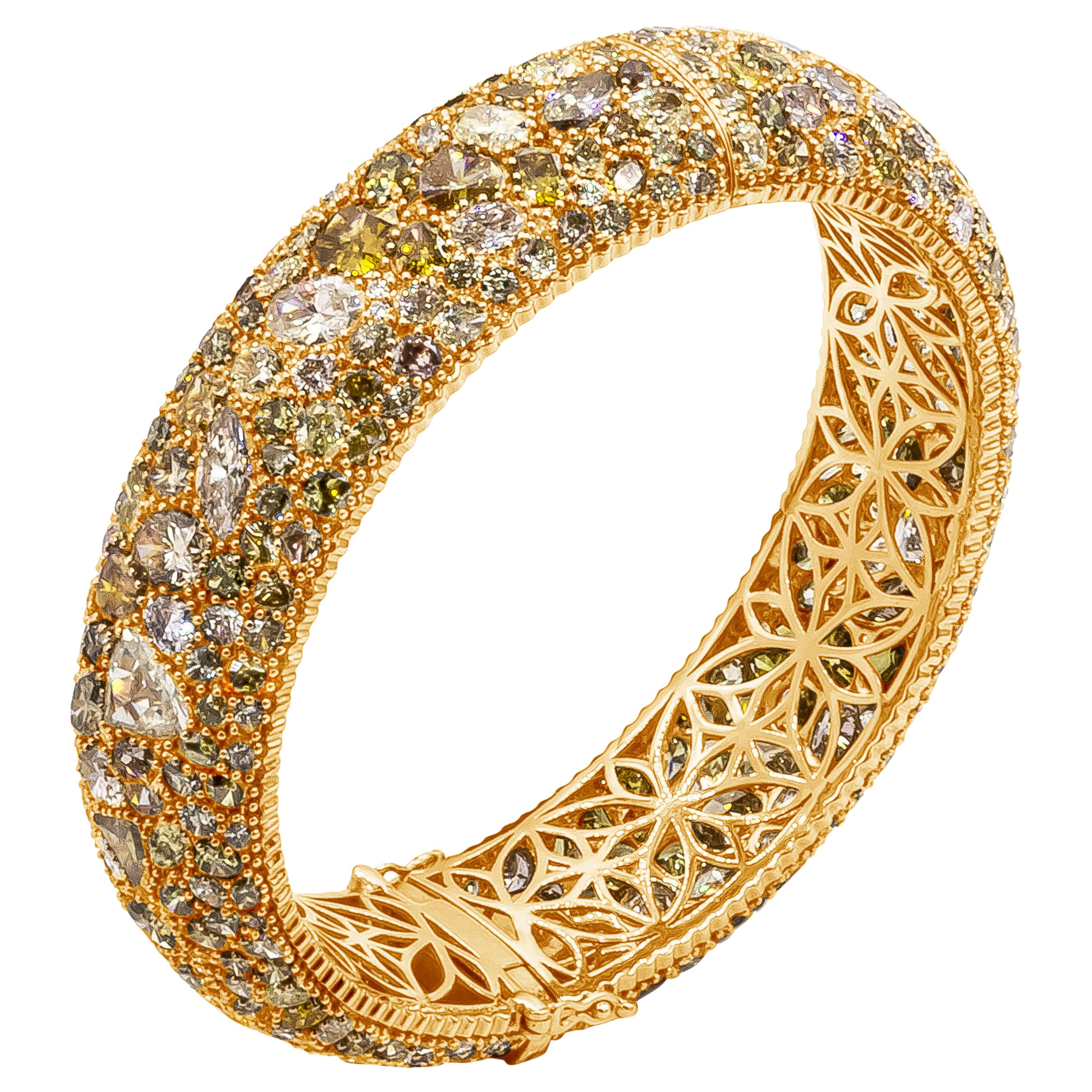 49.12 Carat Total Natural Fancy Color Diamond Micro Pave Domed Bangle Bracelet For Sale