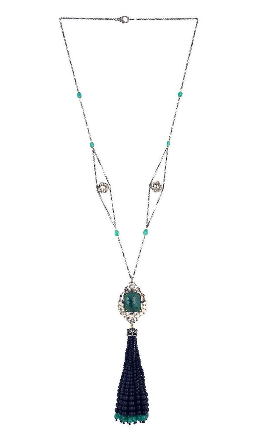 A stunning tassel necklace is handmade in 18K gold and sterling silver. It is set in 49.17 carats emerald, 161.6 carats onyx & 5.49 carats of glimmering diamonds. Clasp Closure

FOLLOW  MEGHNA JEWELS storefront to view the latest collection &