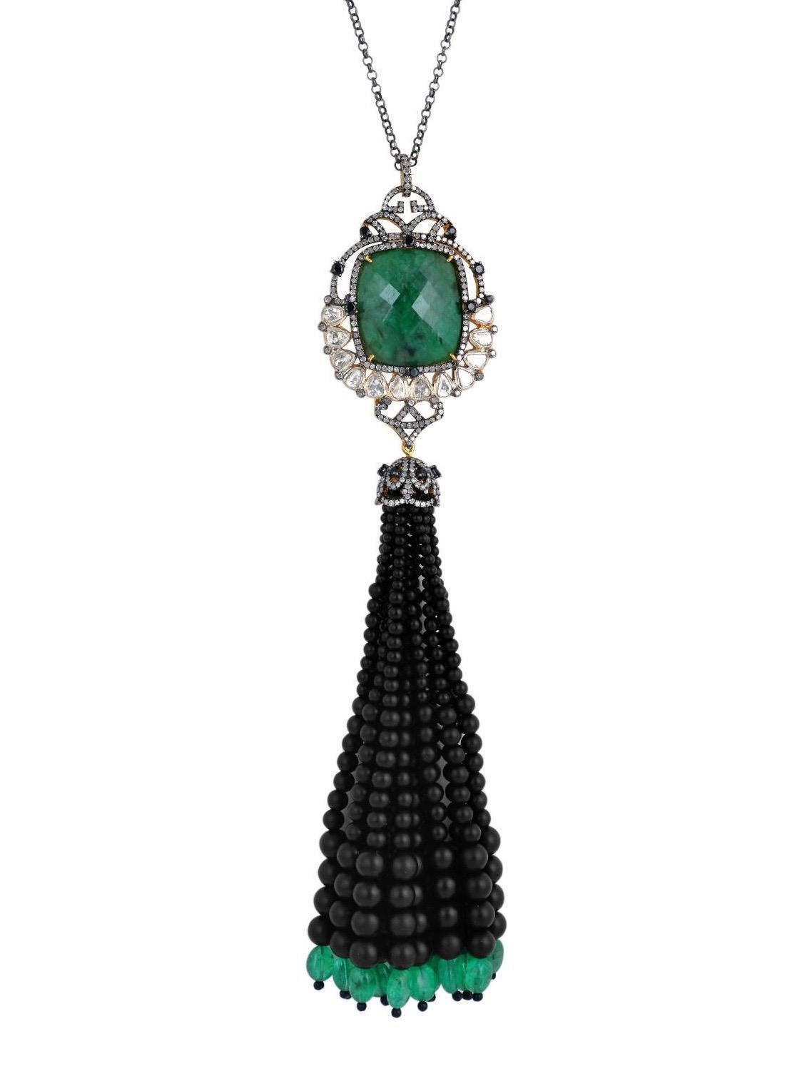 Artisan 49.17 Carat Emerald Onyx Tassel Diamond Necklace For Sale