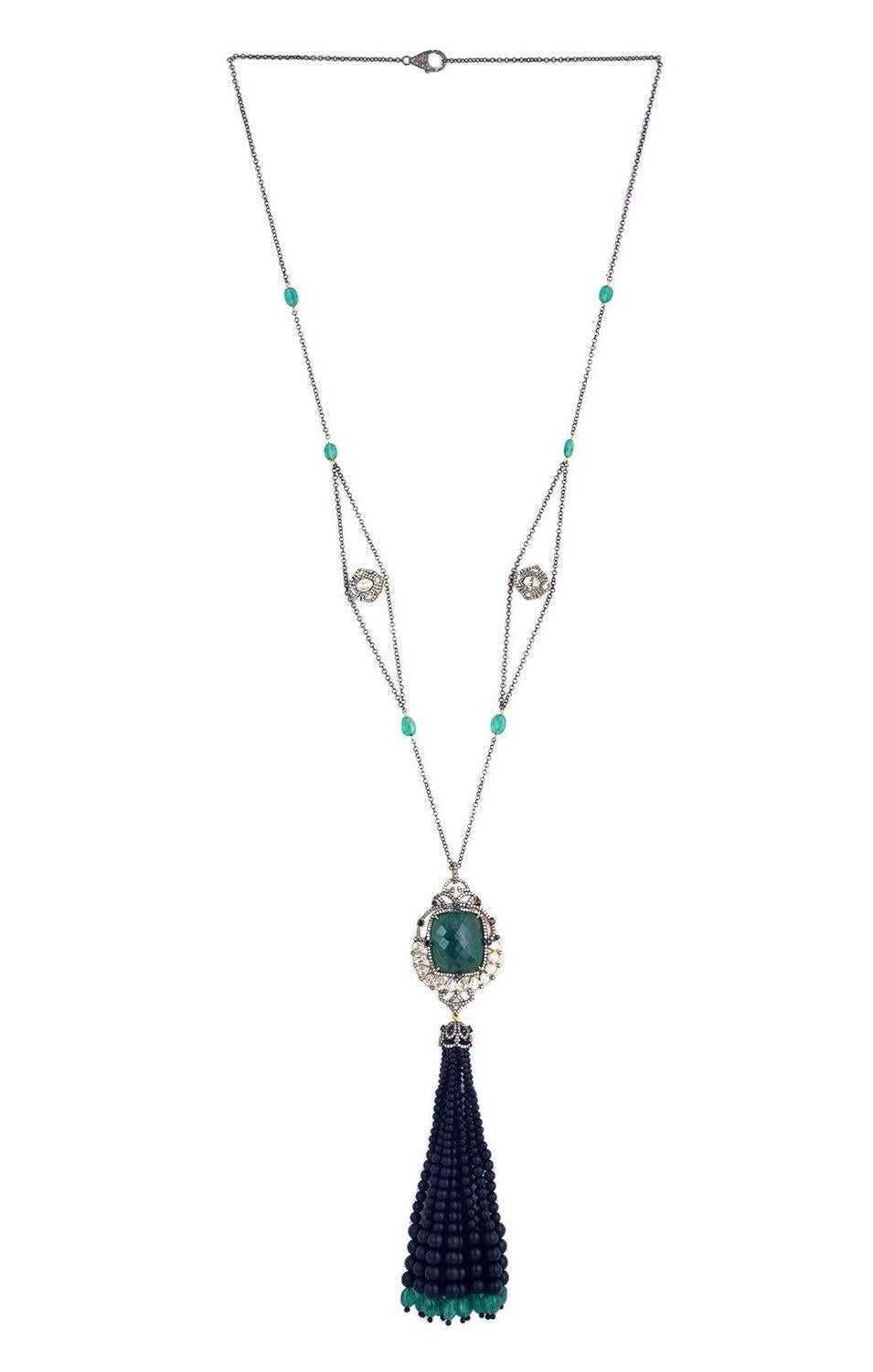 Mixed Cut 49.17 Carat Emerald Onyx Tassel Diamond Necklace For Sale