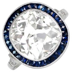 Bague de fiançailles ancienne en platine avec diamant taille coussin de 4,91 carats, saphir halo