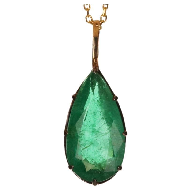 4.91ct Emerald-Pear Cut Georgian Styled Solitaire Pendant For Sale