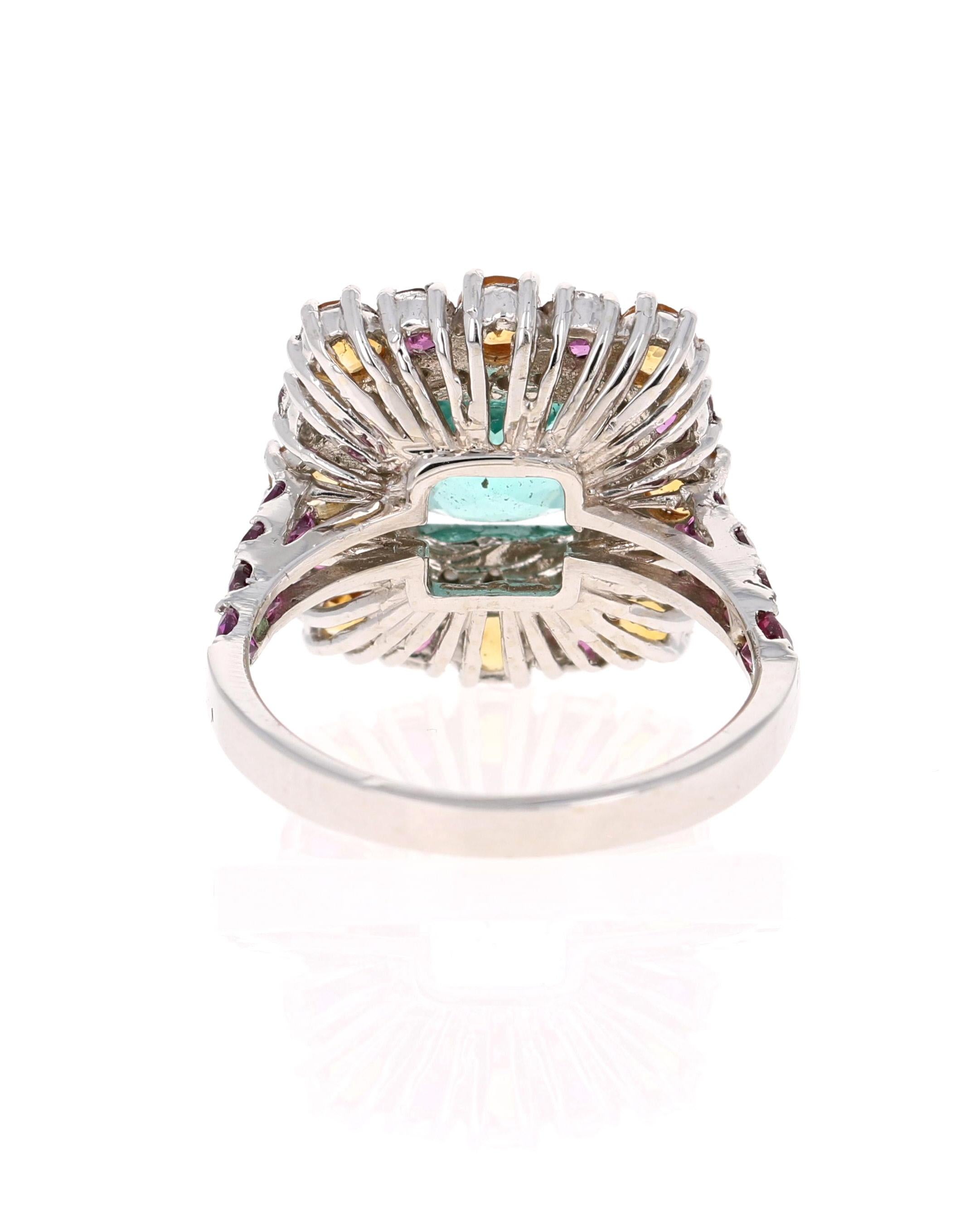 Taglio cuscino Anello da cocktail in oro bianco 14 carati con granato apatite e diamante citrino da 4,92 carati in vendita