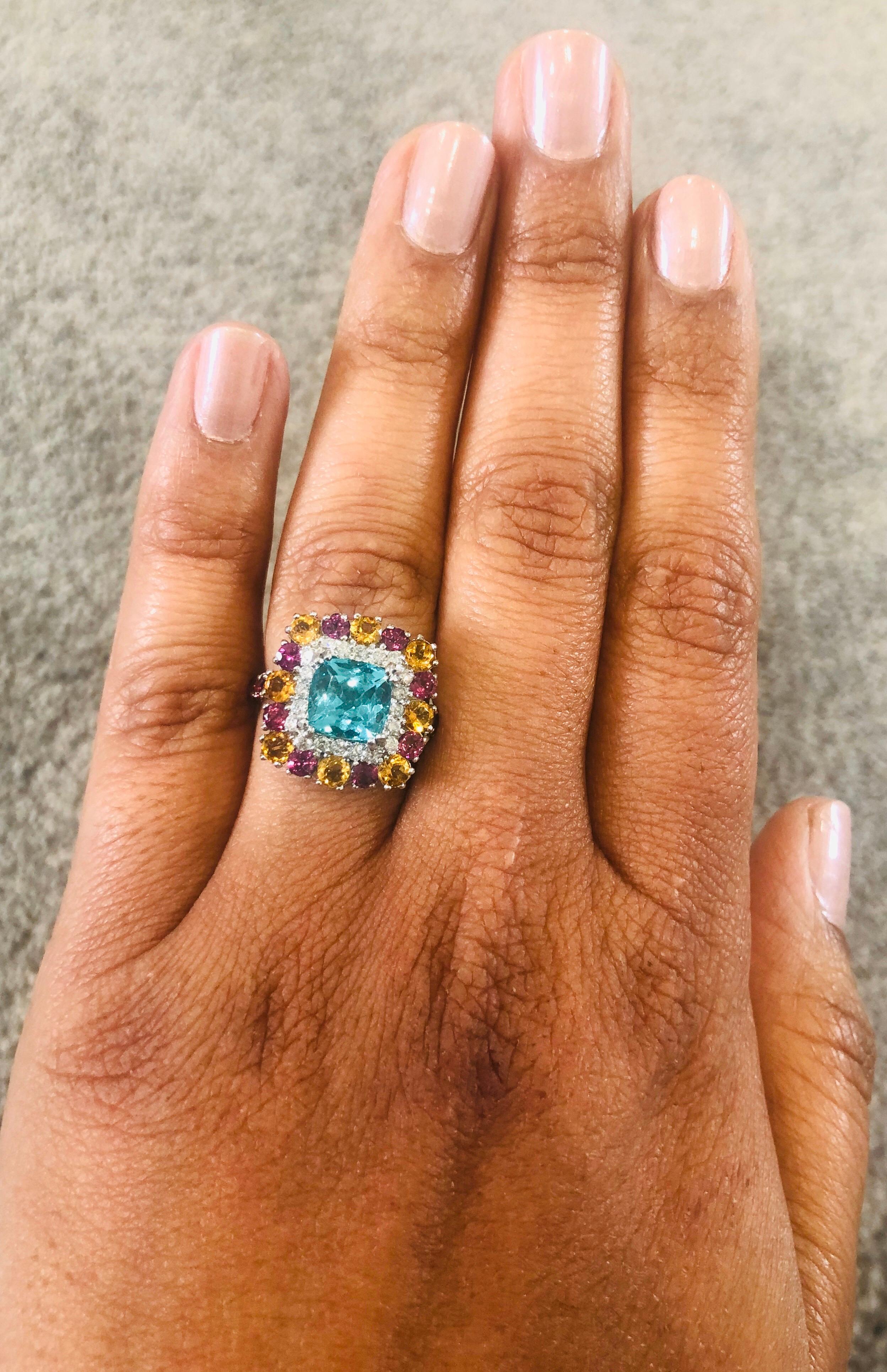 Anello da cocktail in oro bianco 14 carati con granato apatite e diamante citrino da 4,92 carati In condizioni Nuovo in vendita a Los Angeles, CA