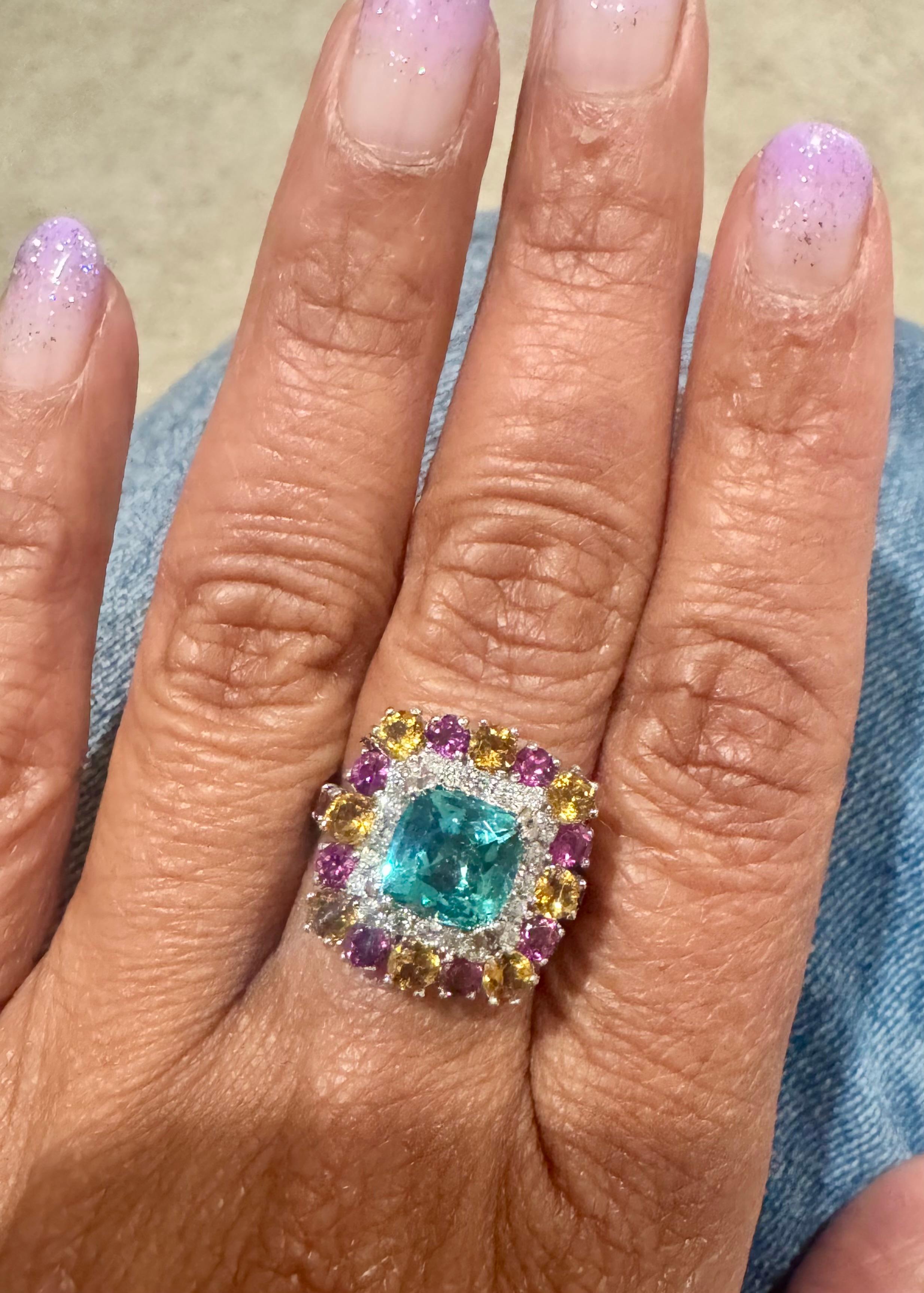 Donna Anello da cocktail in oro bianco 14 carati con granato apatite e diamante citrino da 4,92 carati in vendita
