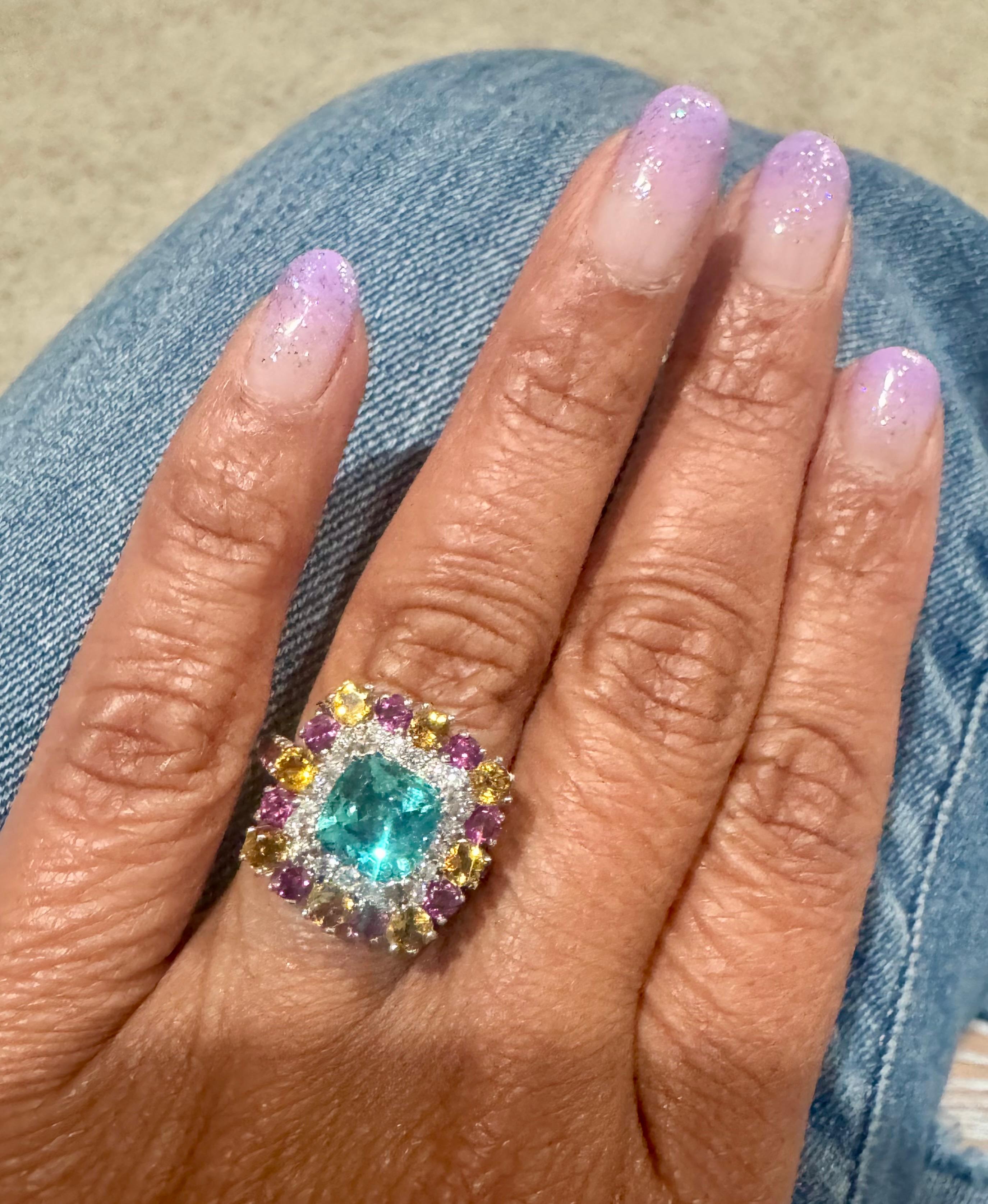 Anello da cocktail in oro bianco 14 carati con granato apatite e diamante citrino da 4,92 carati in vendita 1