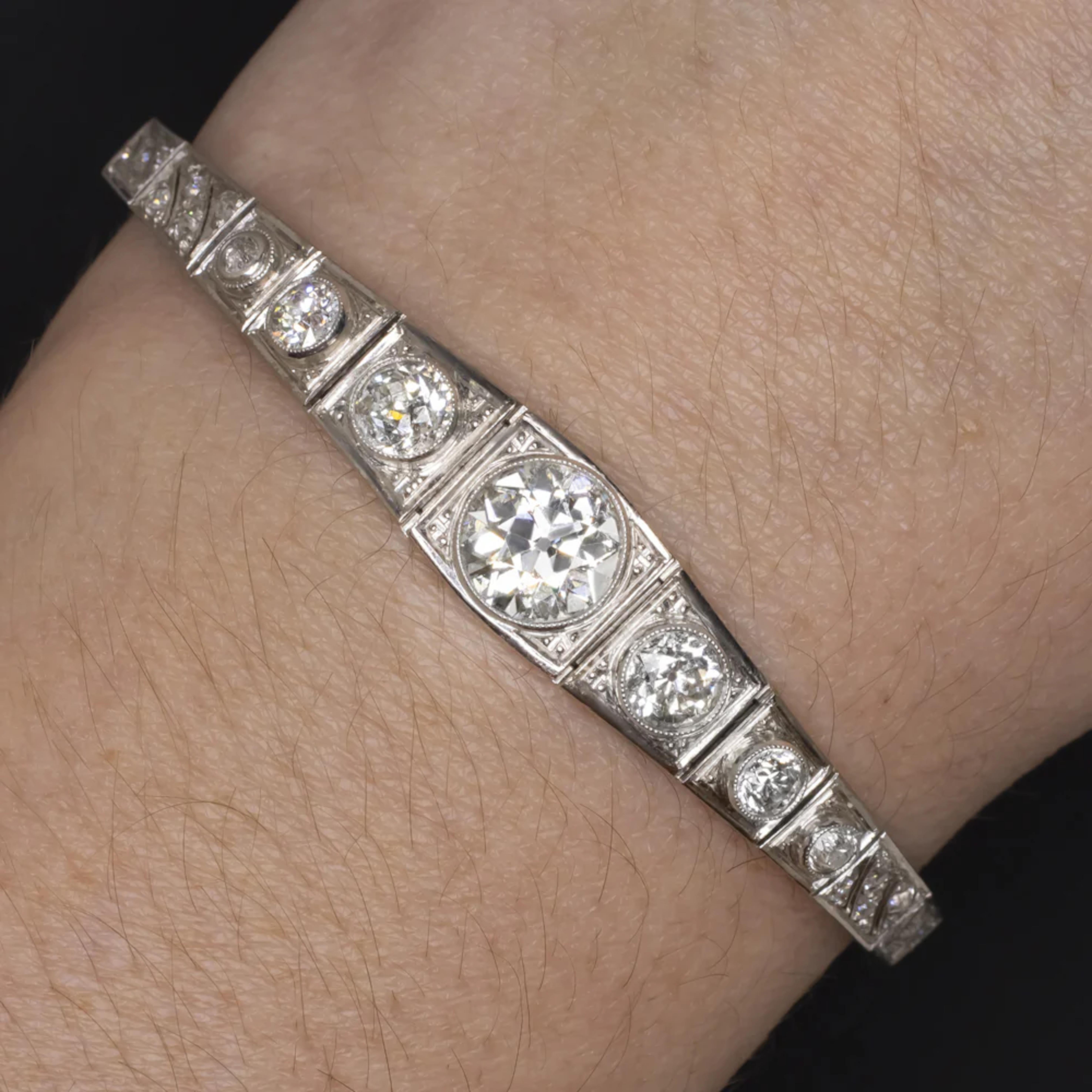 Old European Cut 4.92 Carat Exquisite Art Deco Diamond Bracelet For Sale