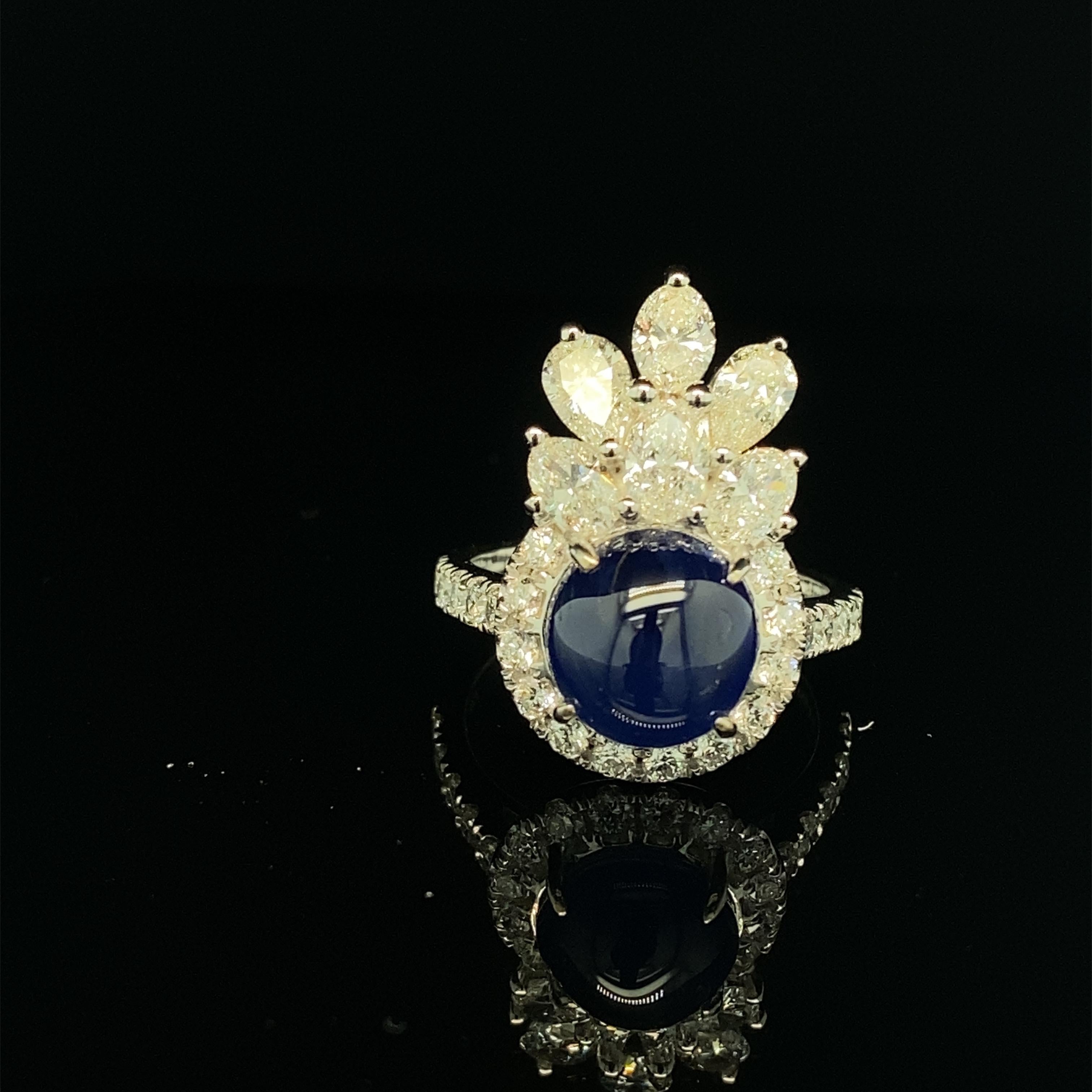 Cabochon 4.92 Carat GIA Certified Burma No Heat Sapphire and White Diamond Cocktail Ring For Sale