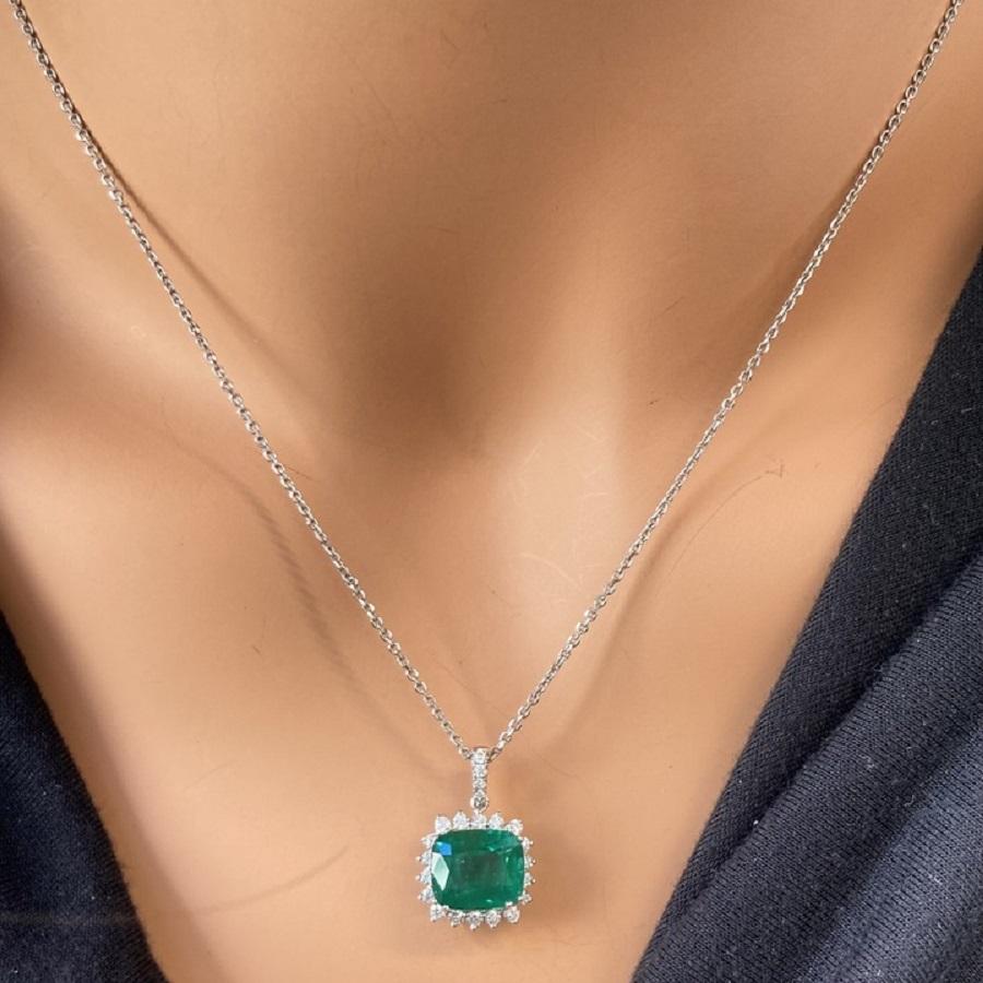 Cushion Cut 4.92 Carat Green Cushion Emerald & Diamond Pendant In 14k White Gold For Sale