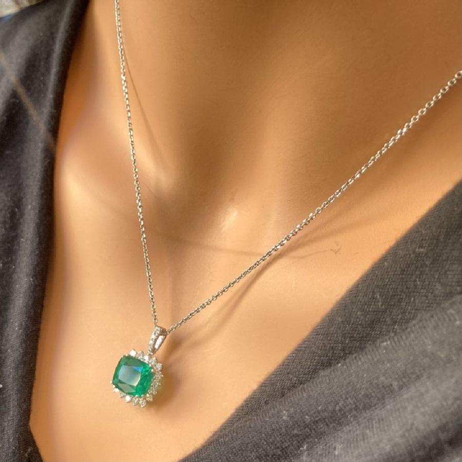 4.92 Carat Green Cushion Emerald & Diamond Pendant In 14k White Gold In New Condition For Sale In Chicago, IL