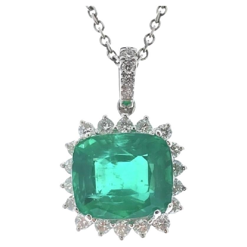 4.92 Carat Green Cushion Emerald & Diamond Pendant In 14k White Gold