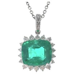 4.92 Carat Green Cushion Emerald & Diamond Pendant In 14k White Gold