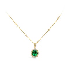 4.92 Carats Oval Cut Green Tourmaline & Diamond Pendant Necklace in Yellow Gold