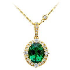 4.92 Carat Oval Cut Green Tourmaline and Diamond Pendant Necklace