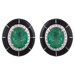 4.92 carats, natural Zambian Emeralds, Black Enamel 
Diamonds Stud Earring