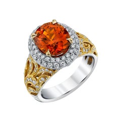 4,92 Ct. Spessartit-Granat-Diamant-Doppel Halo-Cocktailring aus Gelbweißgold
