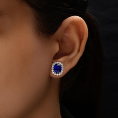 4.92 Ctw Natural Blue Sapphire & Diamond Halo Stud Earrings 18k White Gold