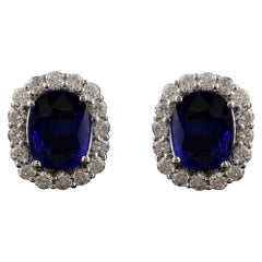 4.92 Ctw Natural Blue Sapphire & Diamond Halo Stud Earrings 18k White Gold