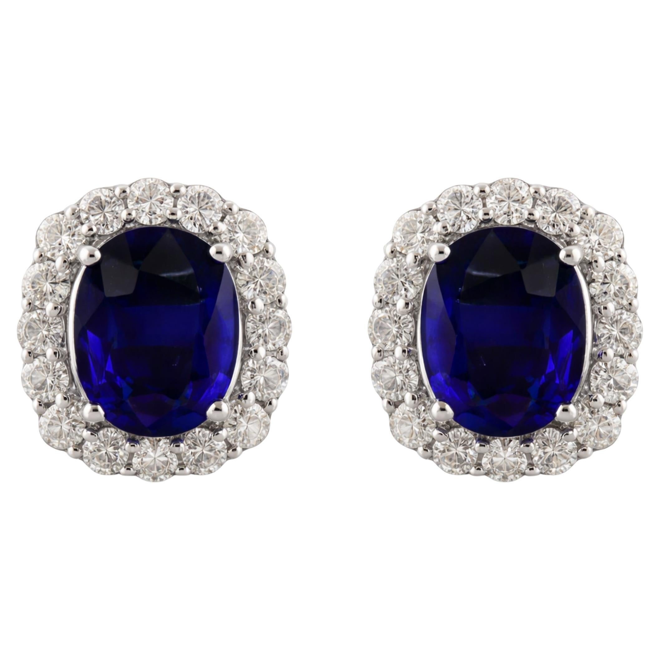 4.92 TCW Blue Sapphire Halo Diamond Stud Earrings 18k White Gold