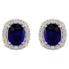 4.92 TCW Blue Sapphire Halo Diamond Stud Earrings 18k White Gold