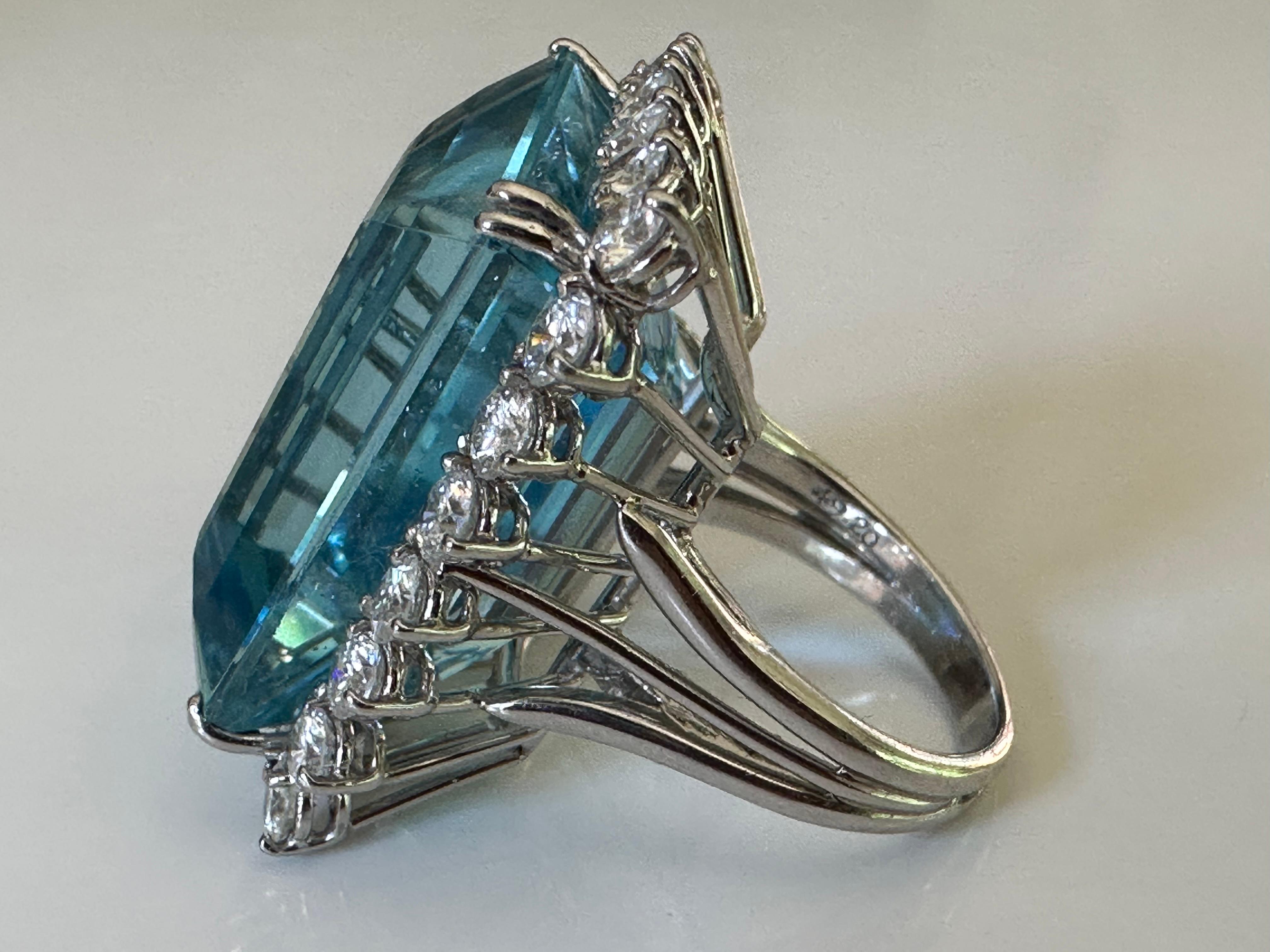 Retro 49.20-Carat Emerald-Cut Aquamarine and Diamond Cocktail Ring  For Sale