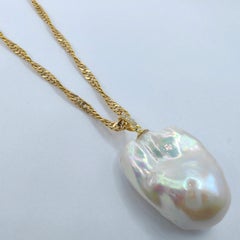 49.24ct Iridescent Baroque Pearl Diamond 18K Pendant & 22K Chain in Yellow Gold